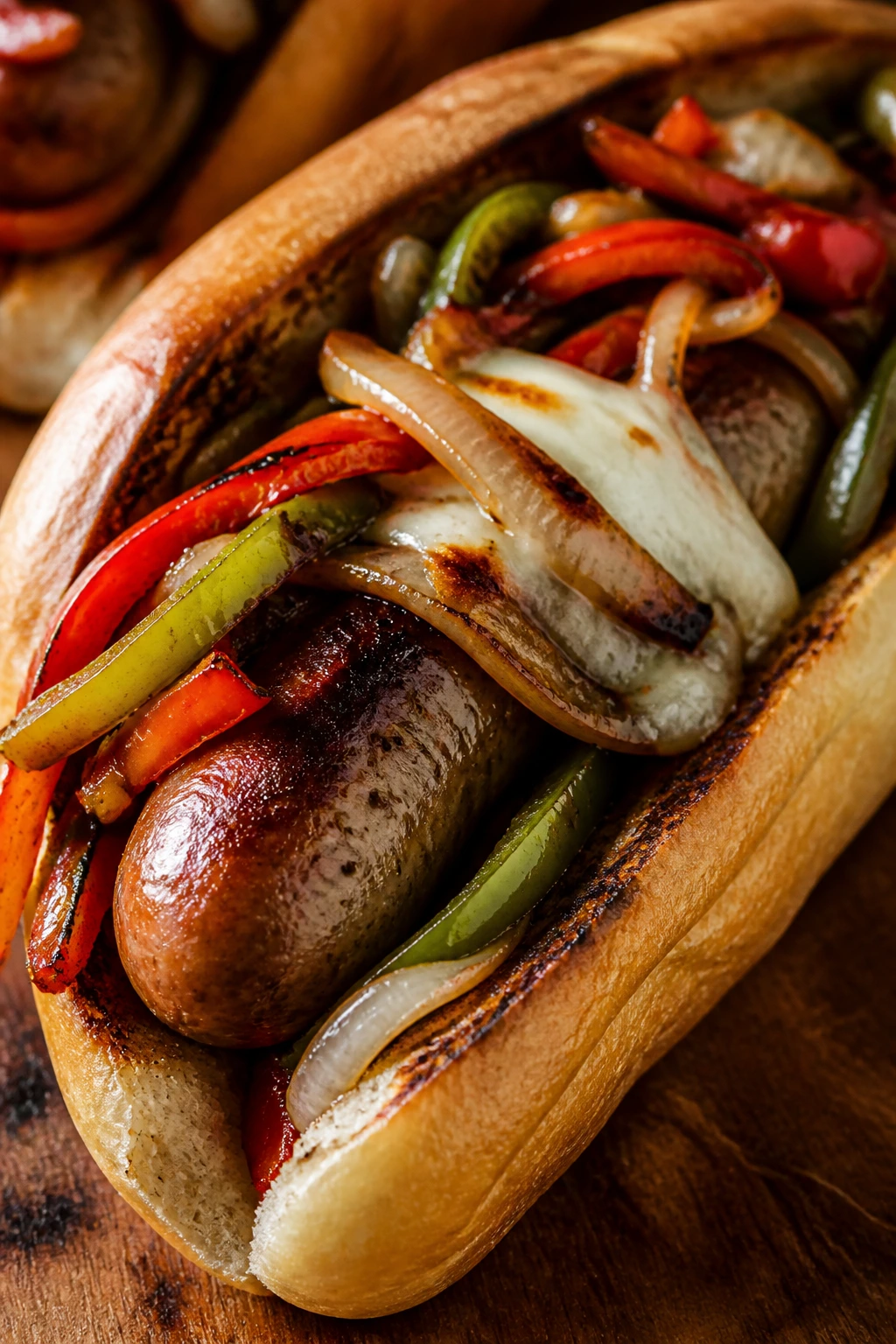 Close-up of a sausage pepper onion sub on a wooden board