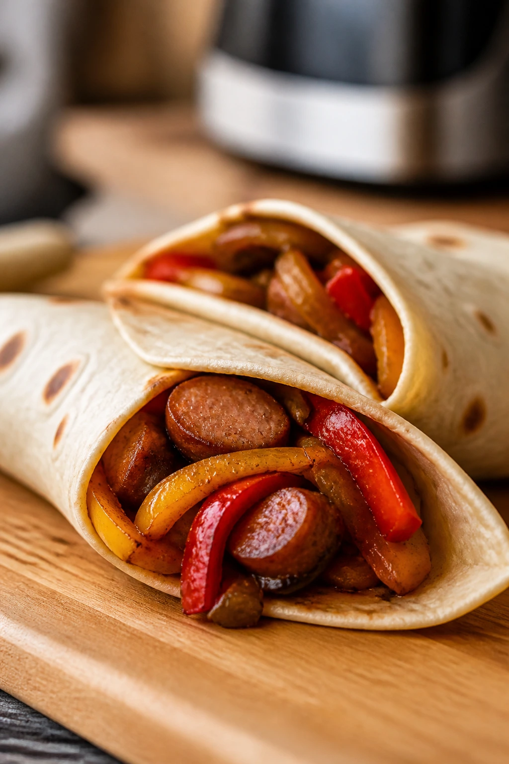 Close-up of a sausage and peppers wrap showing filling