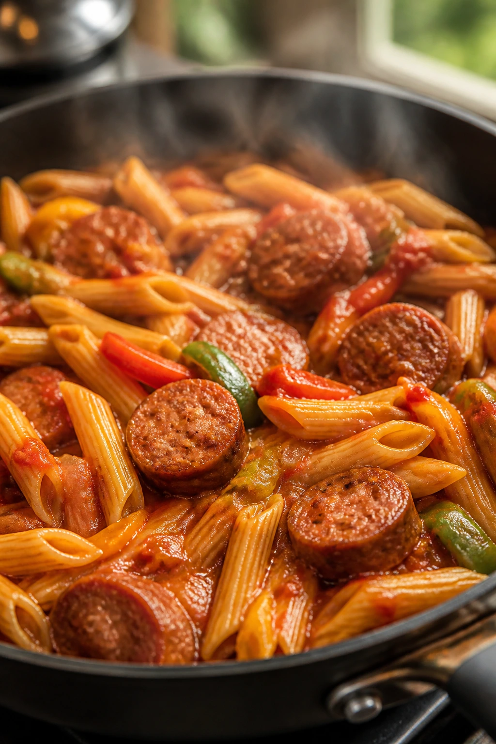 Close-up of sausage and peppers pasta in a skillet with steam