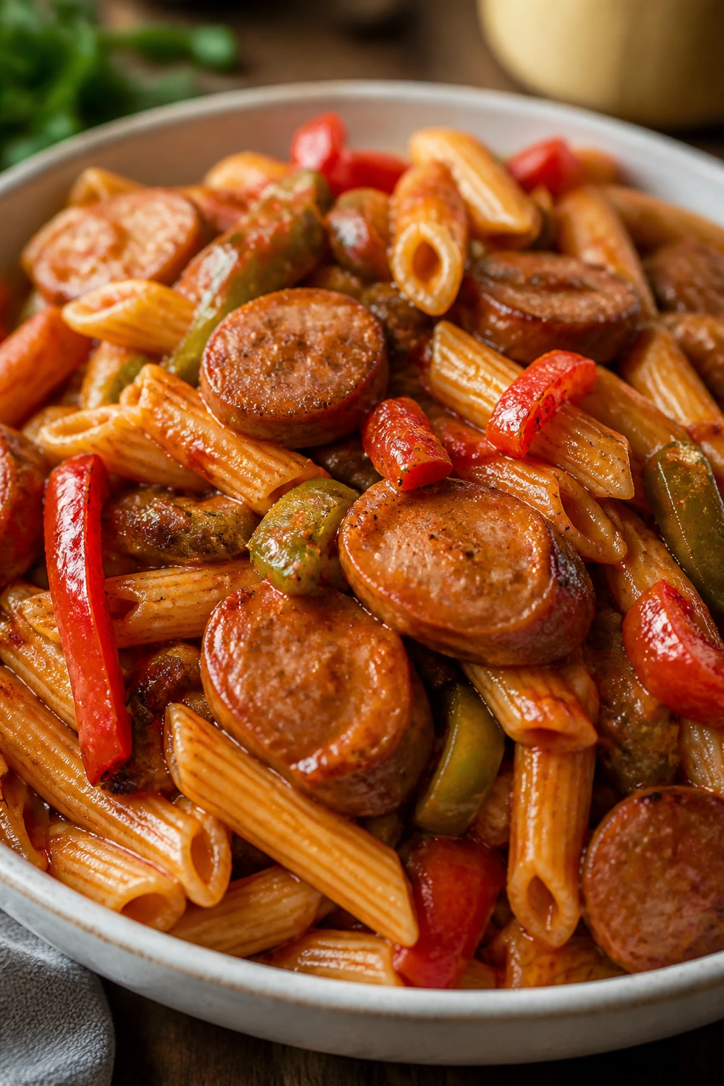 Plate of sausage and peppers pasta filling the frame