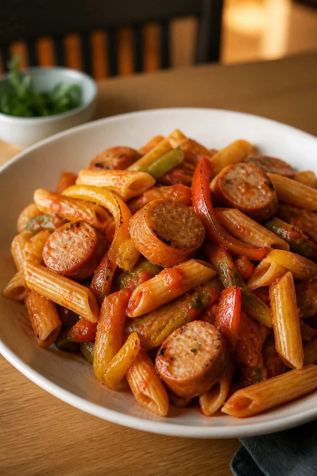 Plate of sausage and peppers pasta with sausage and peppers