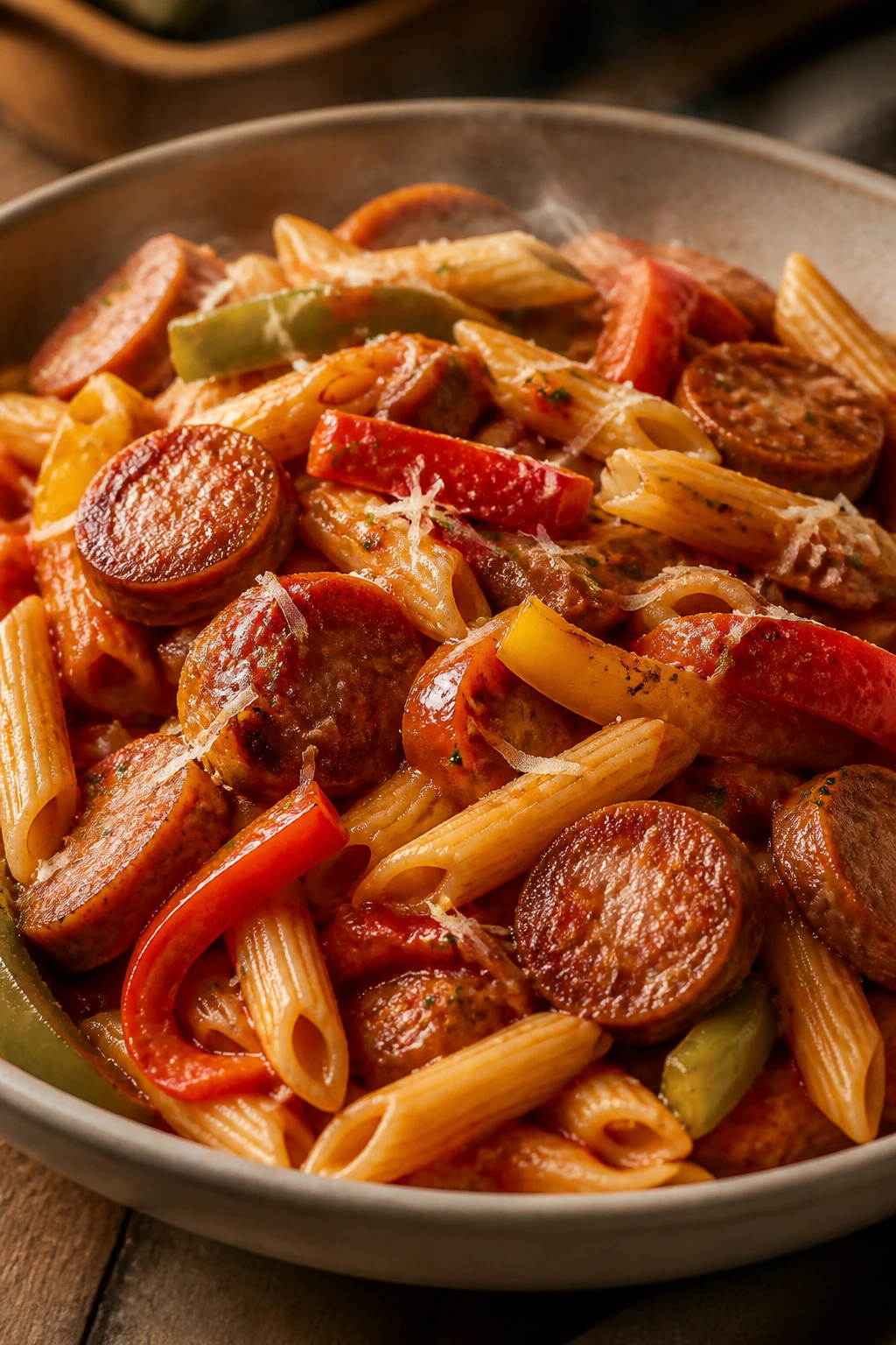 Close-up of sausage and peppers pasta in a bowl