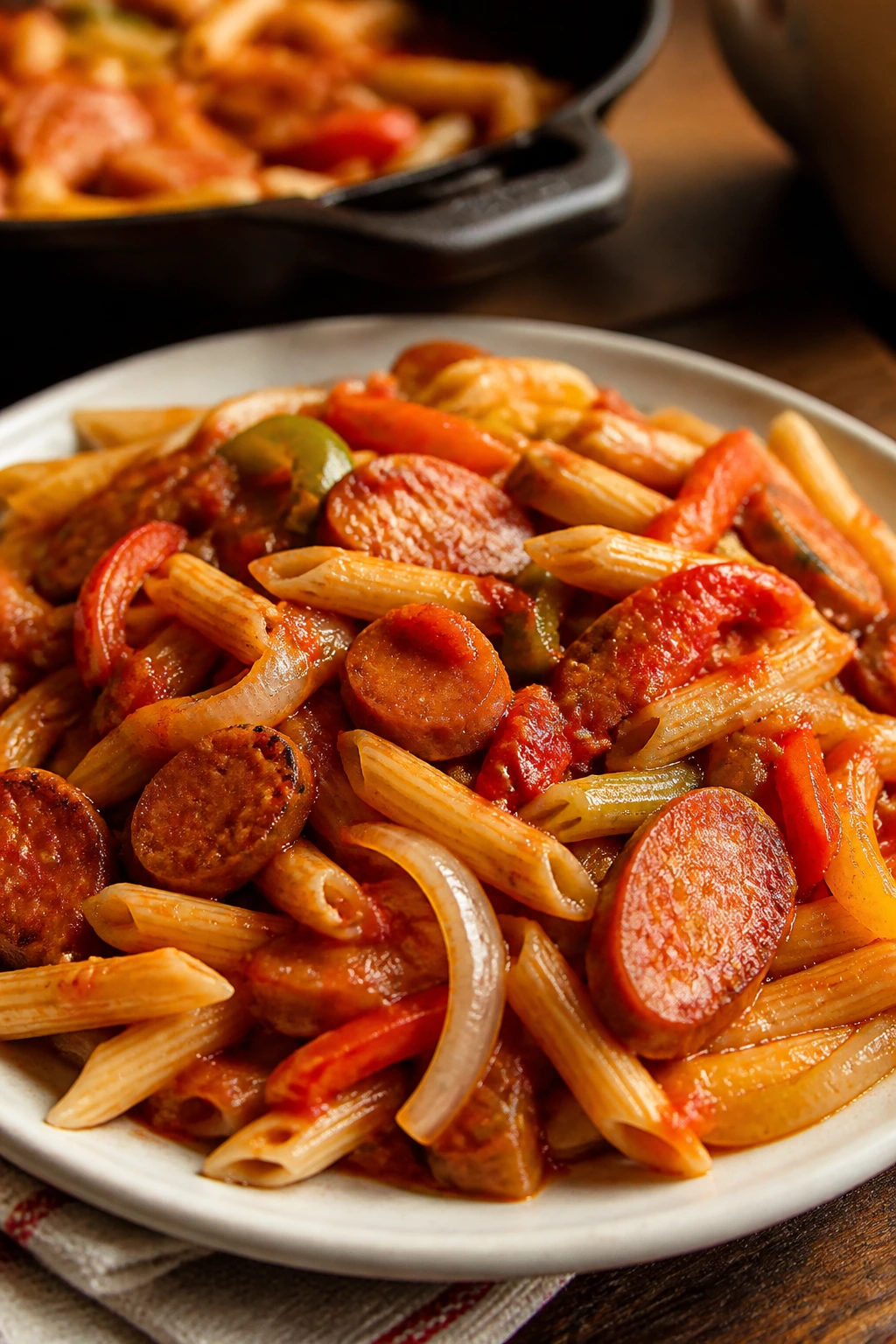 Pasta with sausage, peppers, and onions in tomato sauce