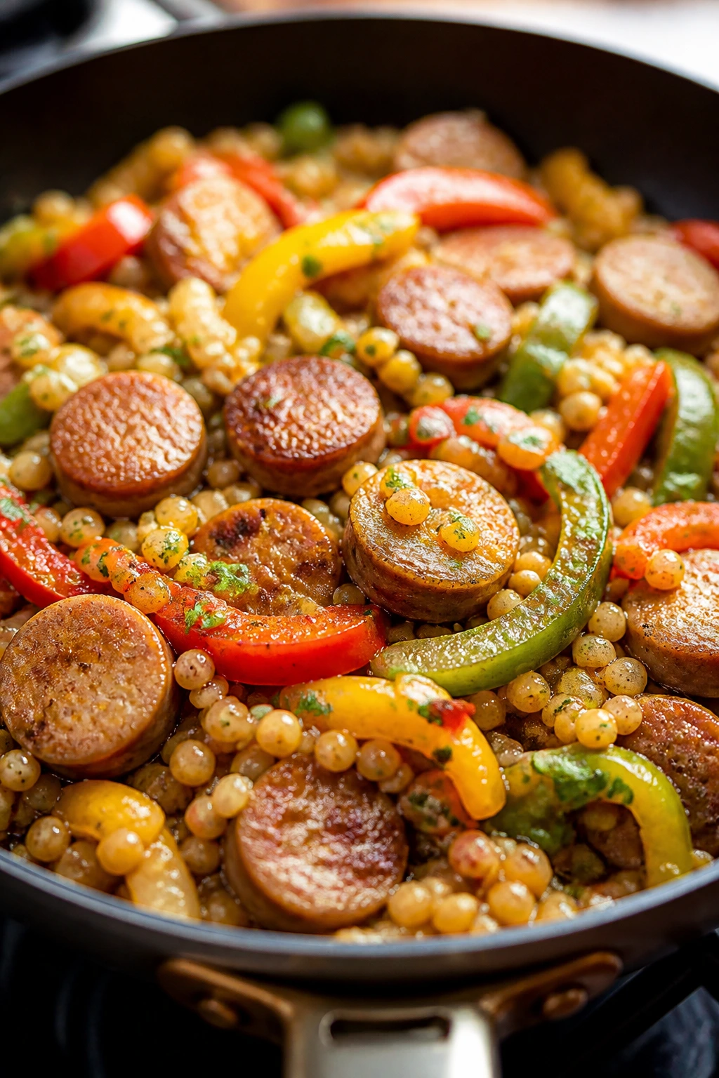 Close-up sausage peppers pearl couscous skillet