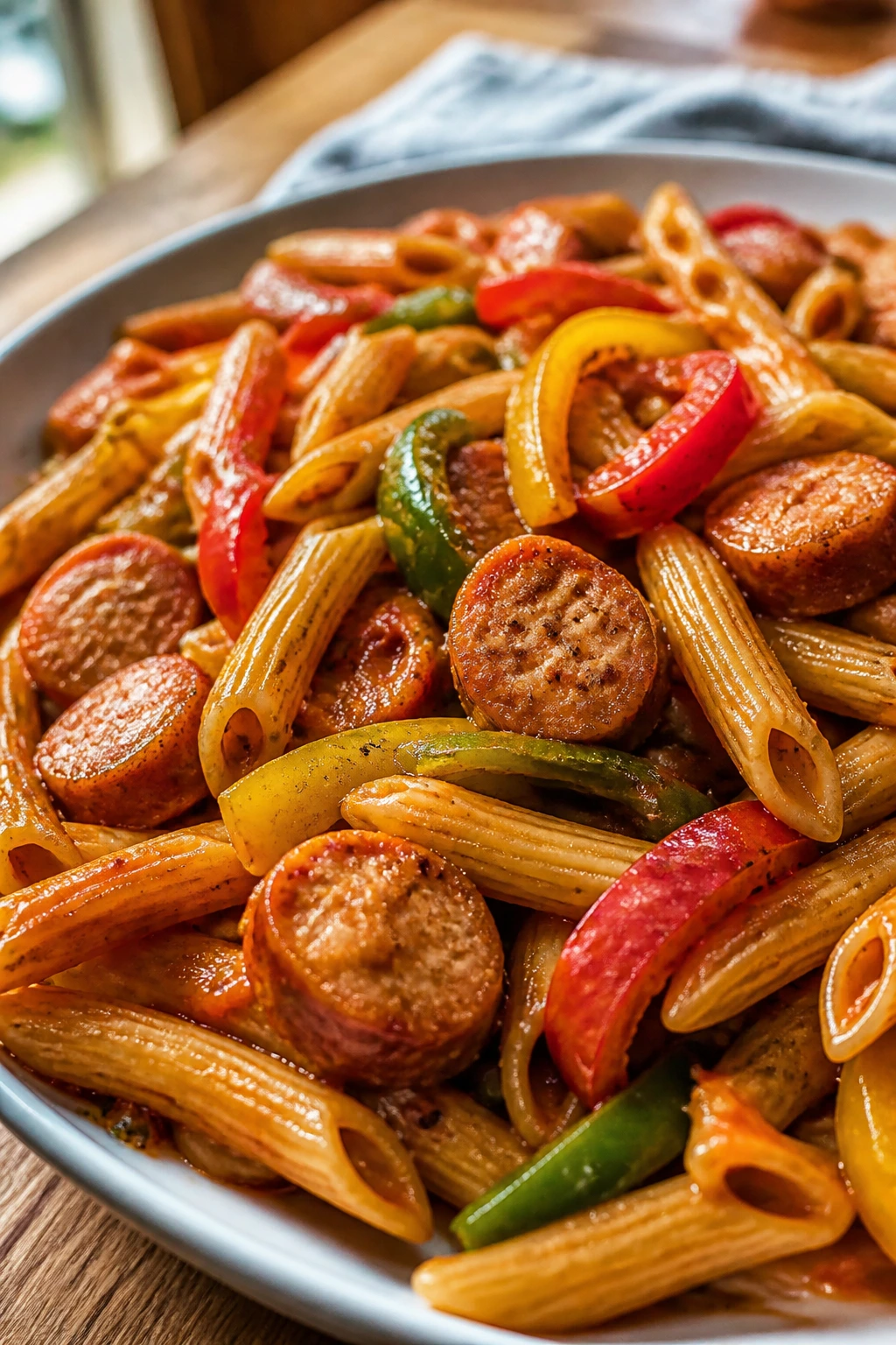 Plate of sausage, peppers, and penne in tomato sauce