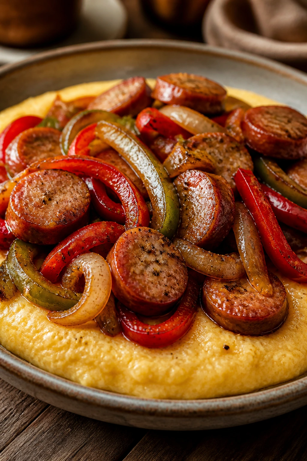 Creamy polenta with sausage and peppers on a plate