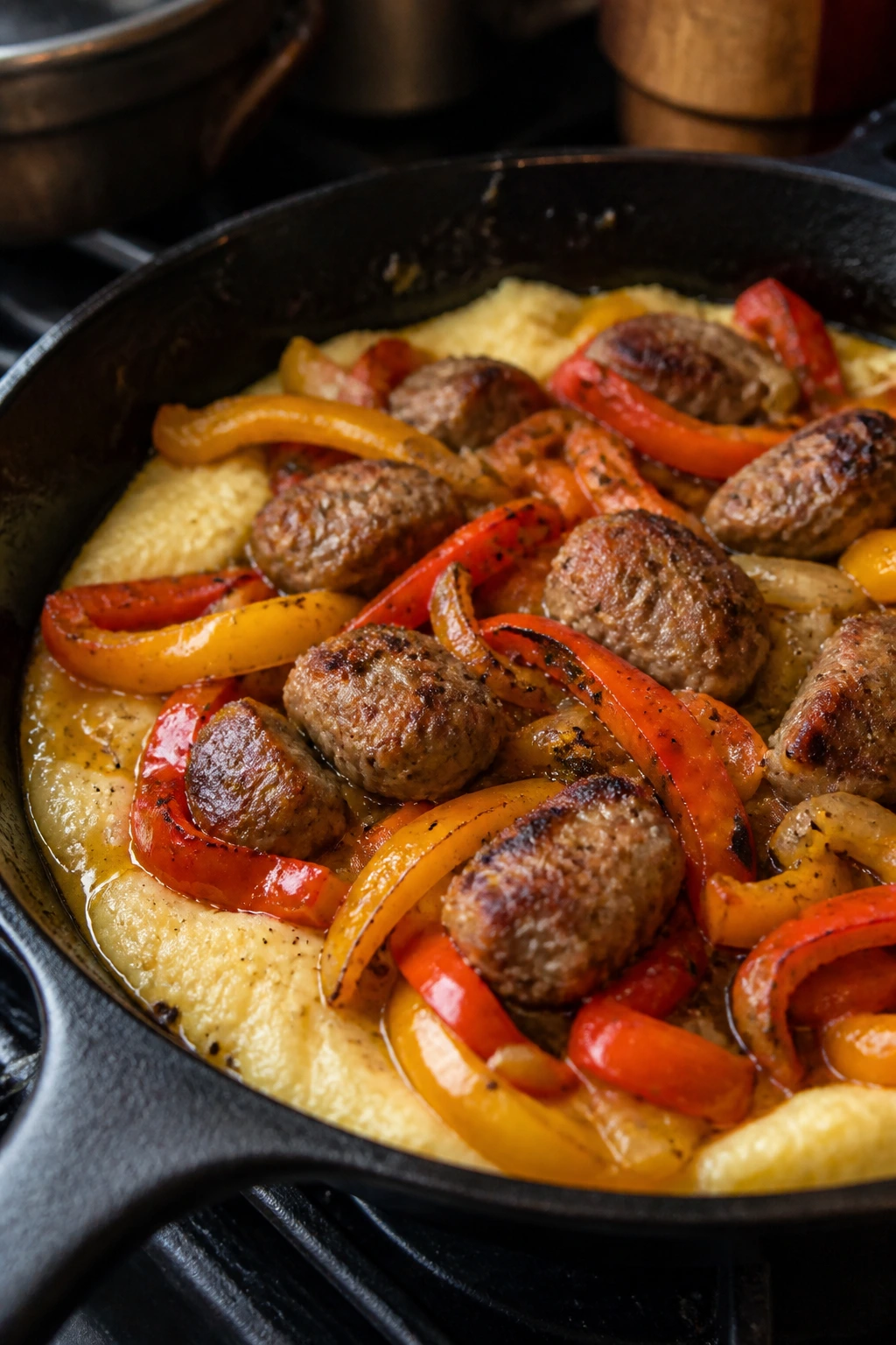 Sausage, peppers, and polenta skillet, home kitchen scene.