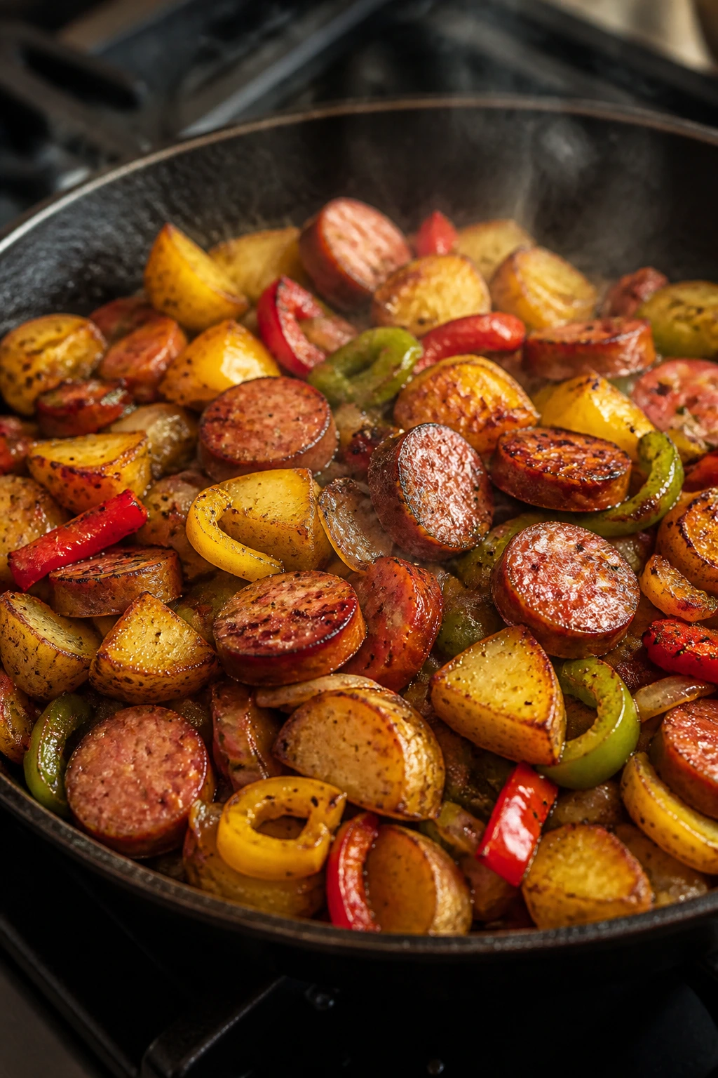 Close-up of a sausage, peppers and potatoes skillet in a warm kitchen