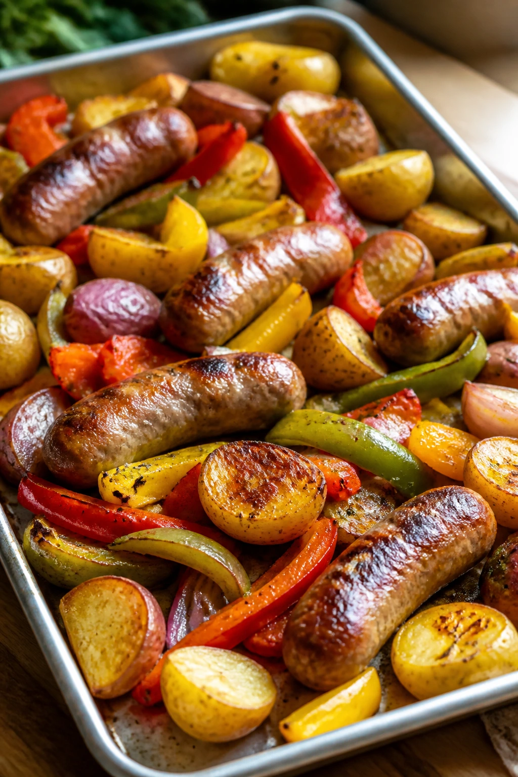 Sausage peppers and potatoes on roasting tray