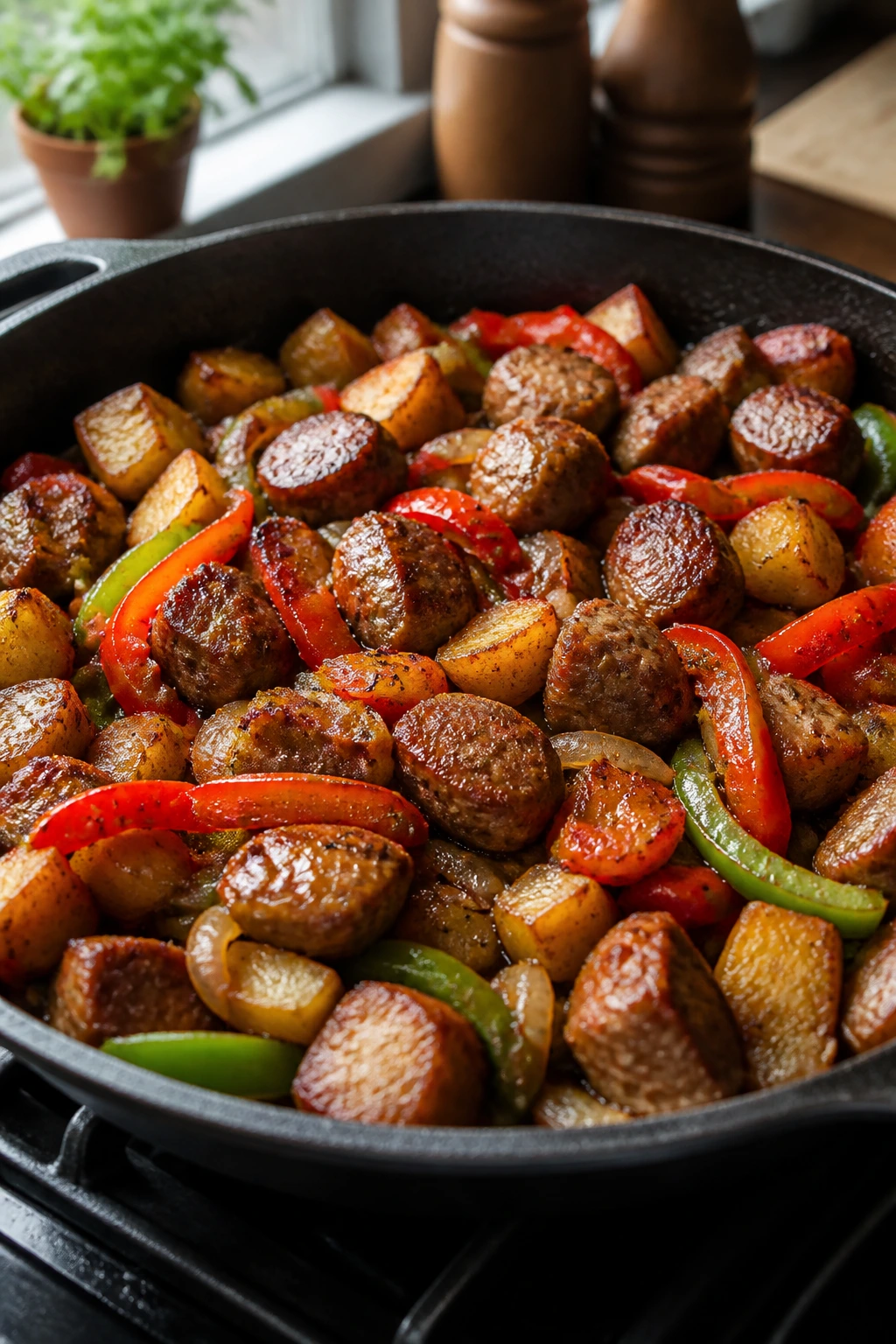 Skillet sausage with peppers and crispy potatoes close-up