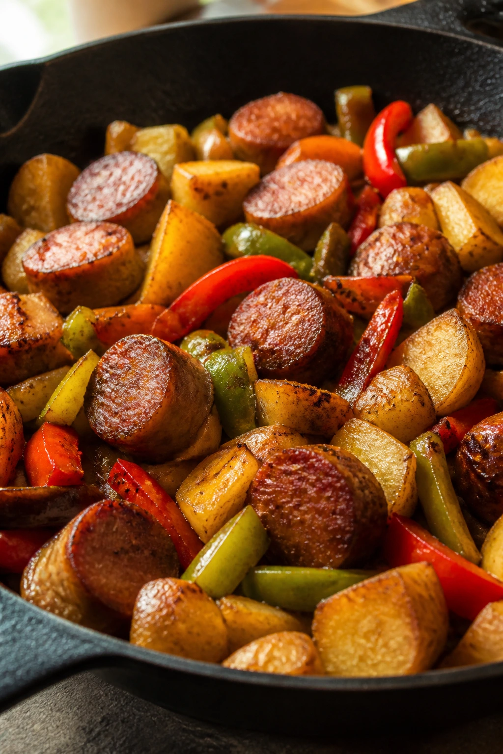 Skillet with sausage, peppers, and potatoes in a vibrant Mediterranean dish
