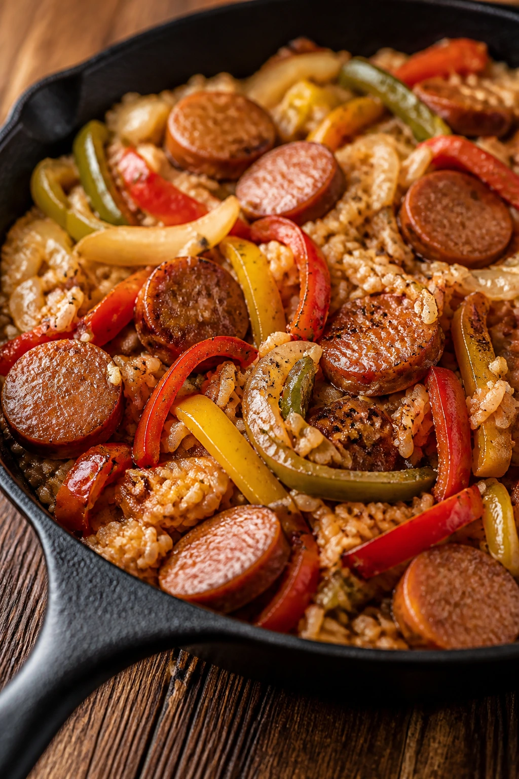 Close-up of sausage pepper skillet with rice