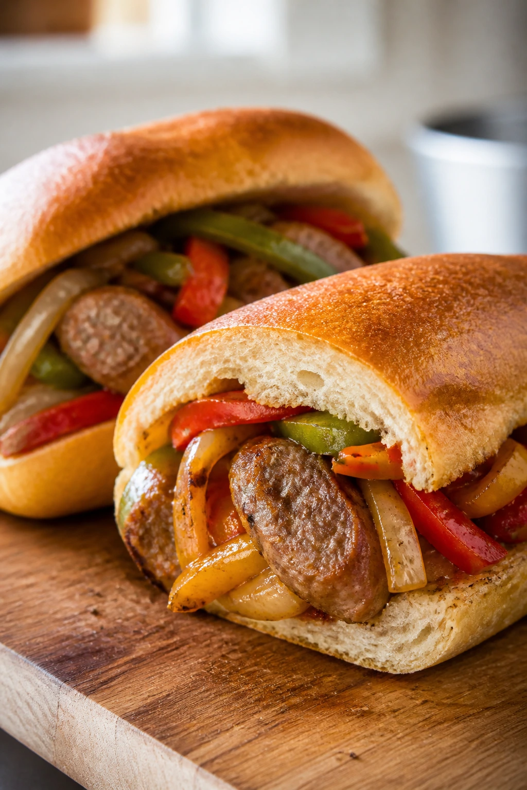Close-up of sausage and pepper sandwich halves on wooden board