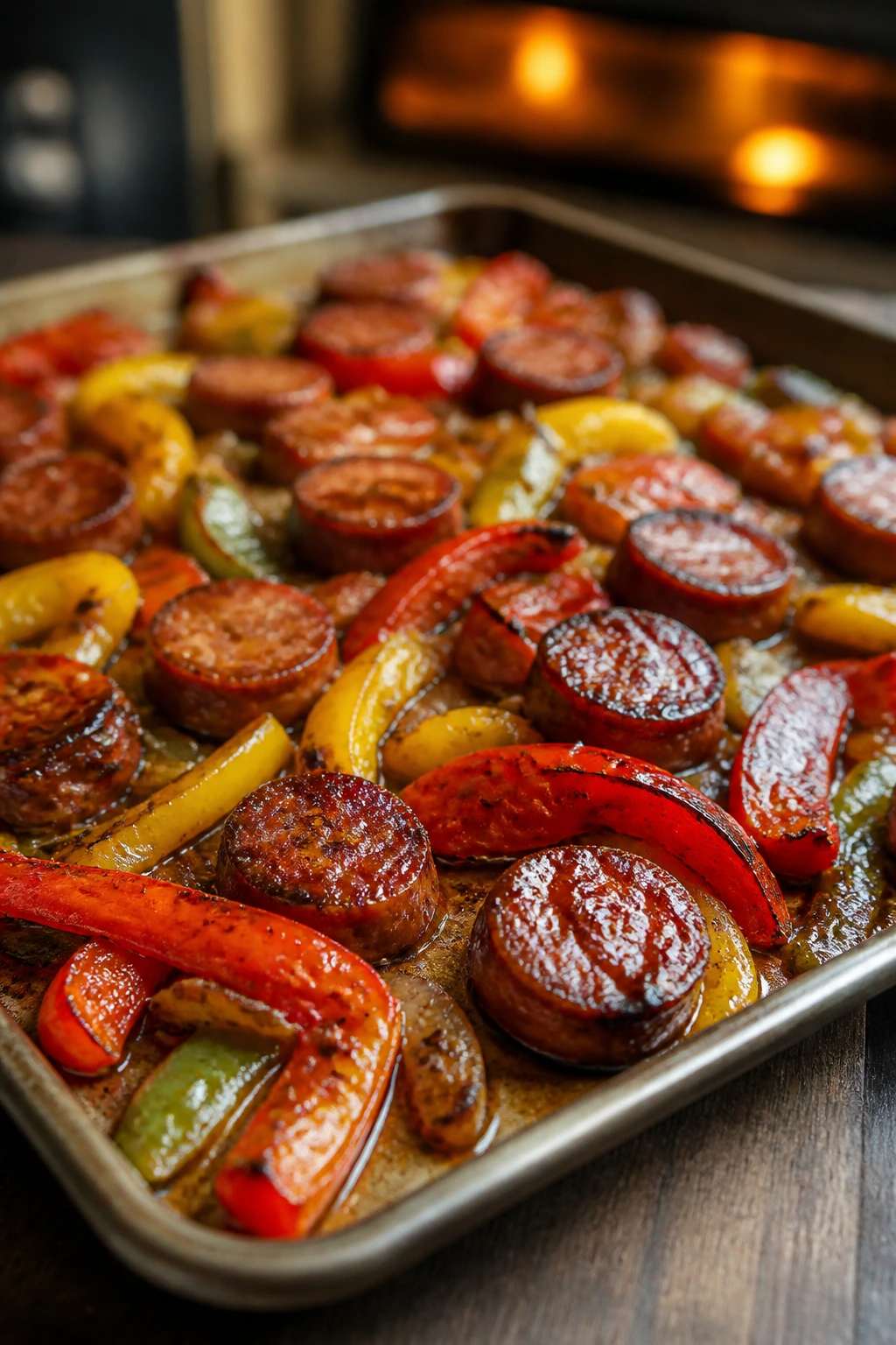 Close-up of sheet-pan hot honey sausage and peppers with caramelized onions