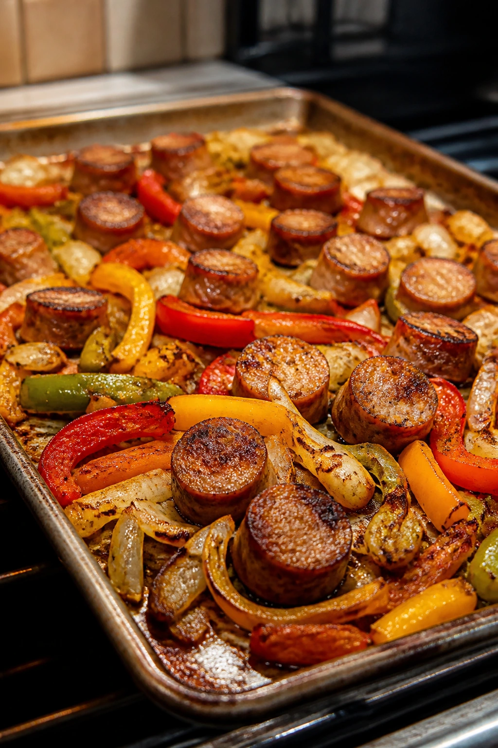 Sheet pan sausage and peppers on a sheet pan