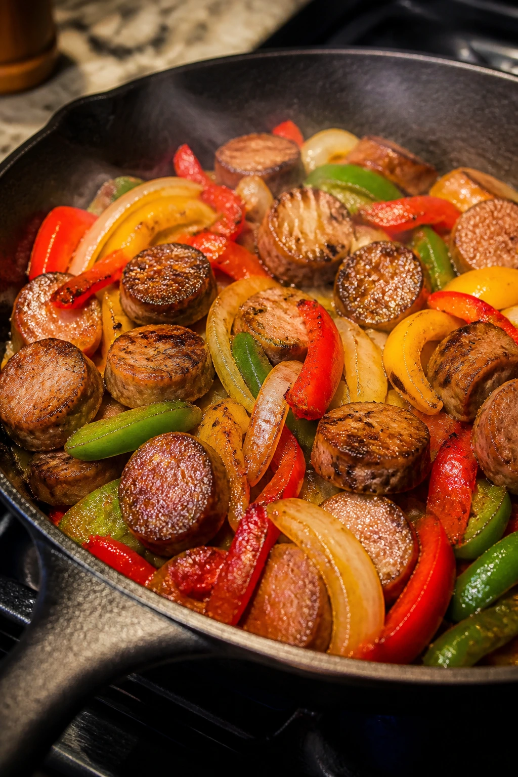 Close-up of sausage peppers onions skillet in a home kitchen