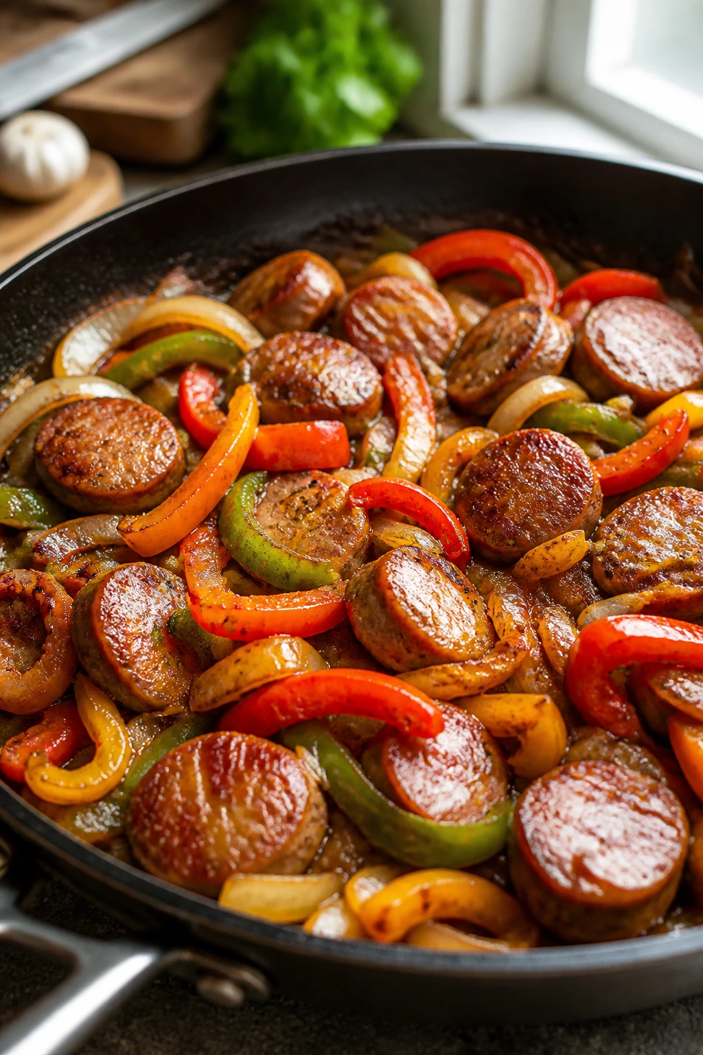 Close-up of sausage with peppers and onions in a skillet