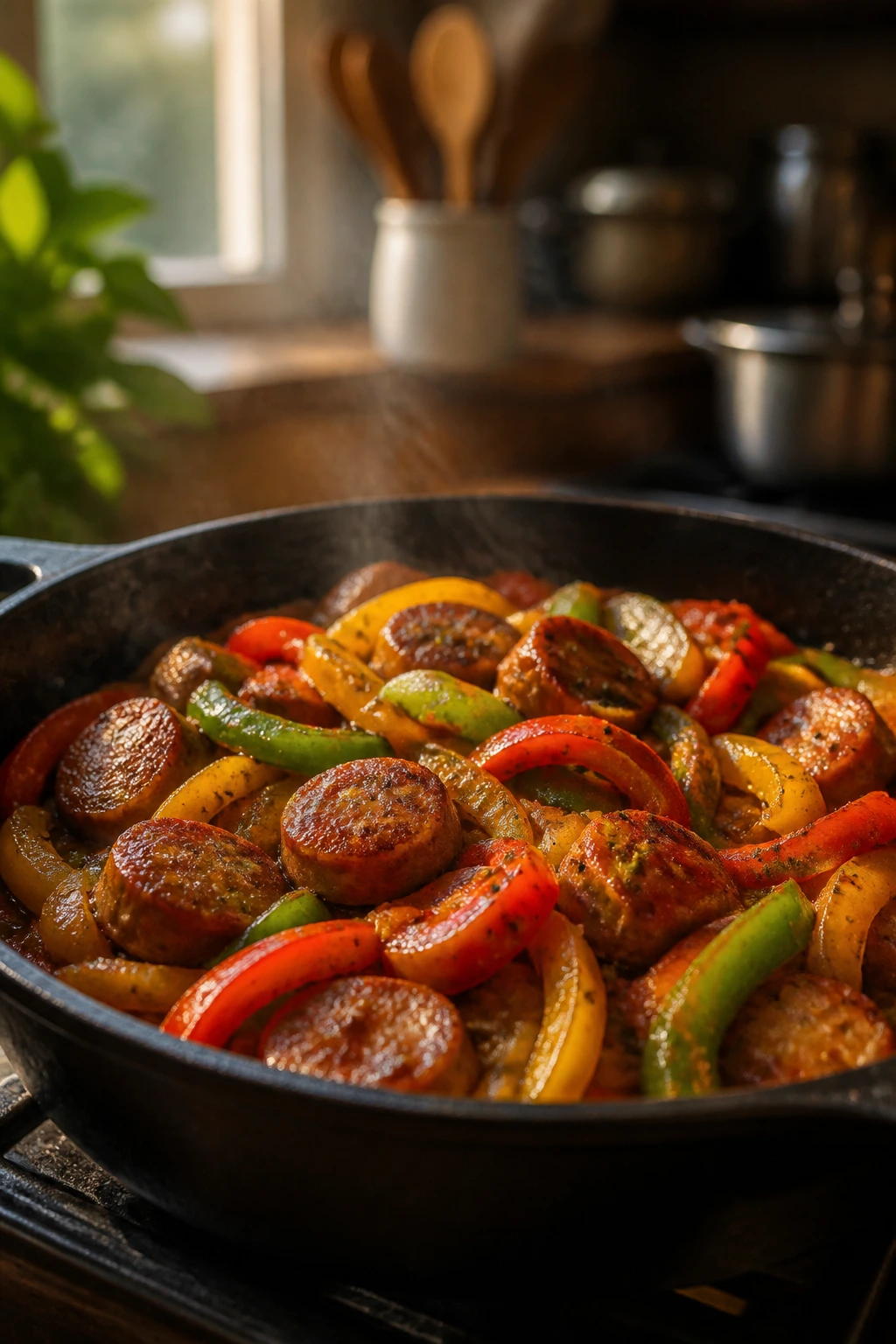 Close-up of a skillet with sausage and peppers in a cozy kitchen