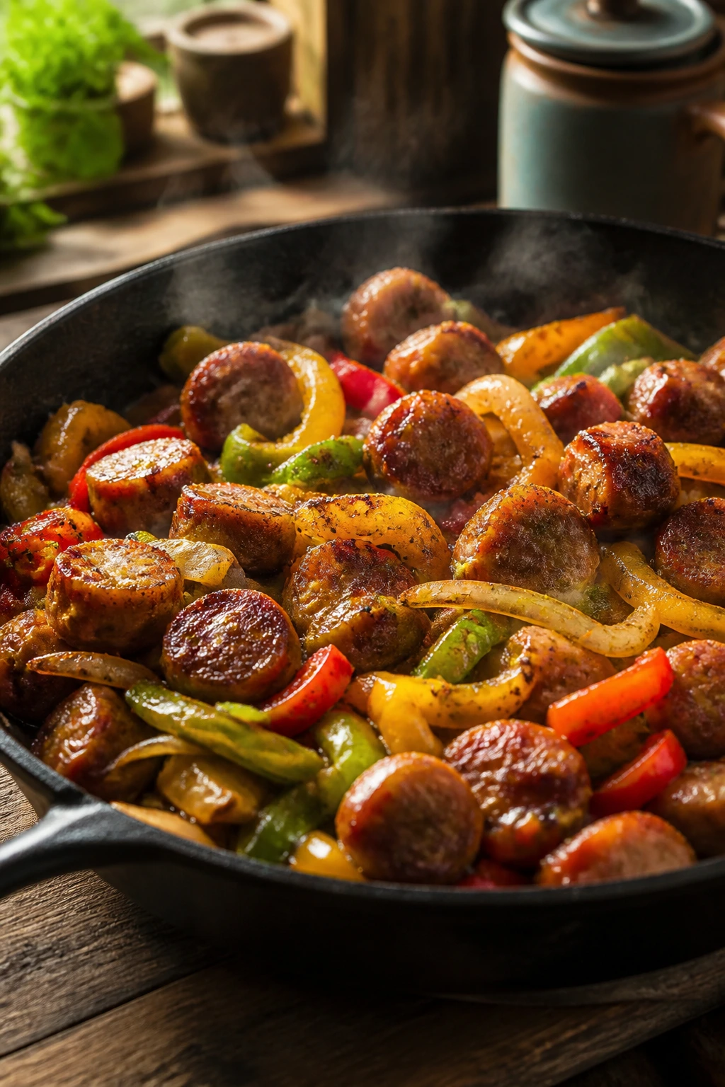 Close-up of a skillet with sausage and peppers filling the frame in a cozy kitchen