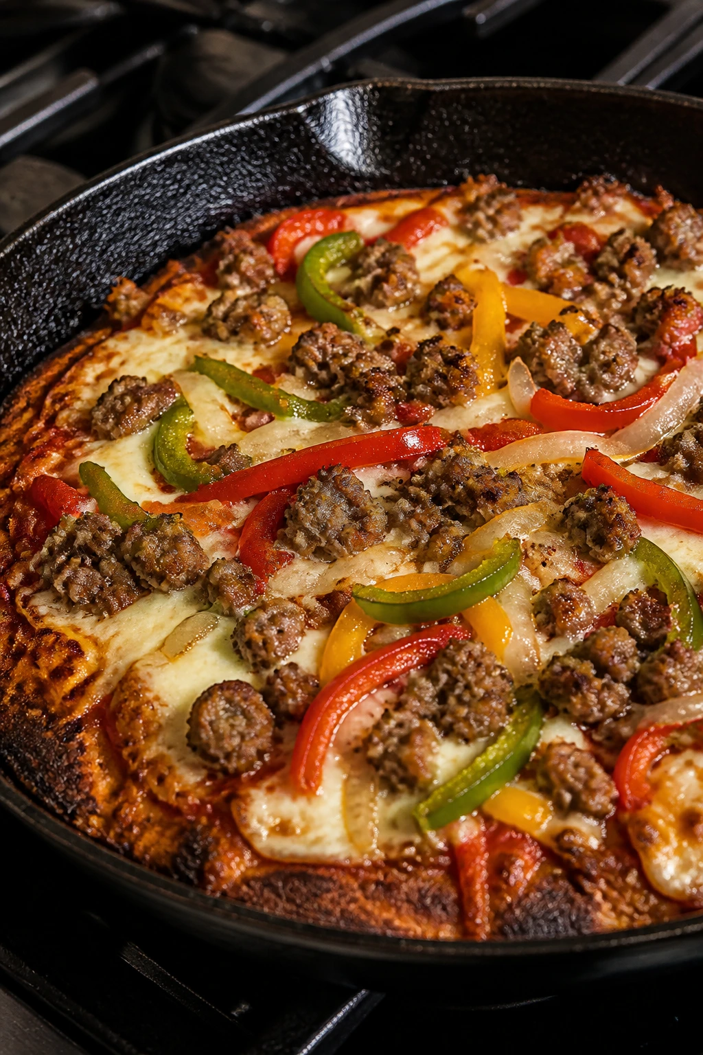 Sausage and peppers skillet pizza in cast iron