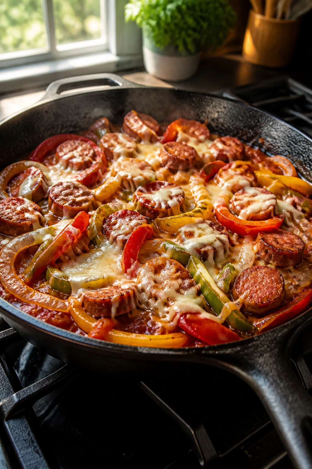 Close-up of sausage and pepper skillet with peppers, onions, marinara and cheese