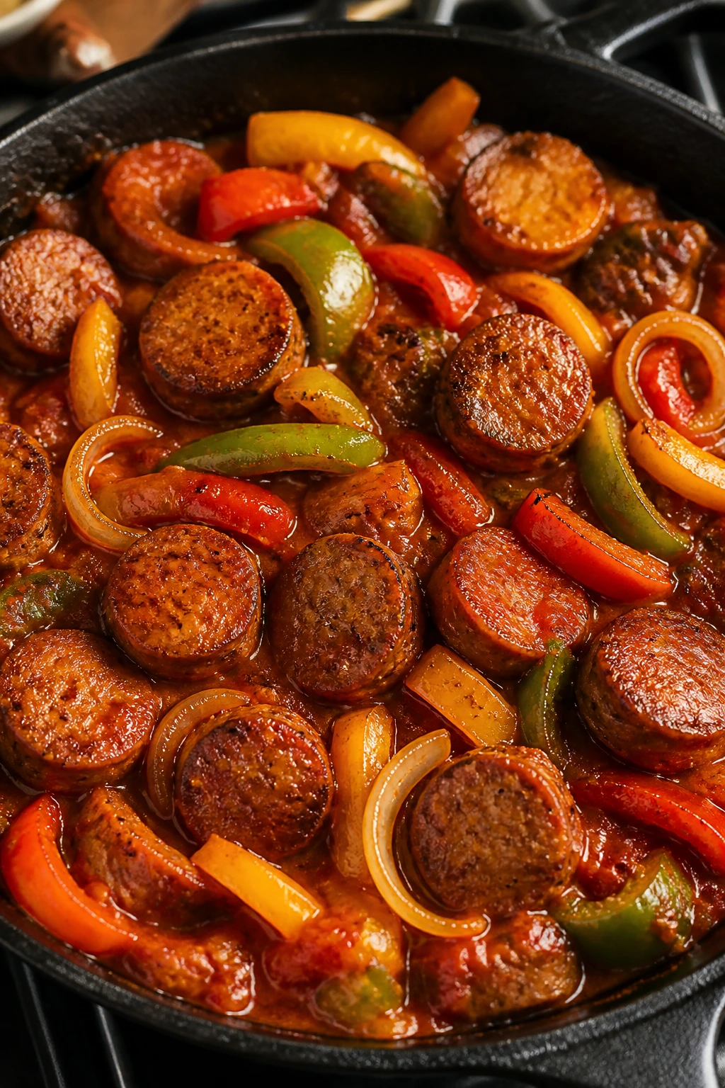 Close-up of sausage and peppers skillet in home kitchen