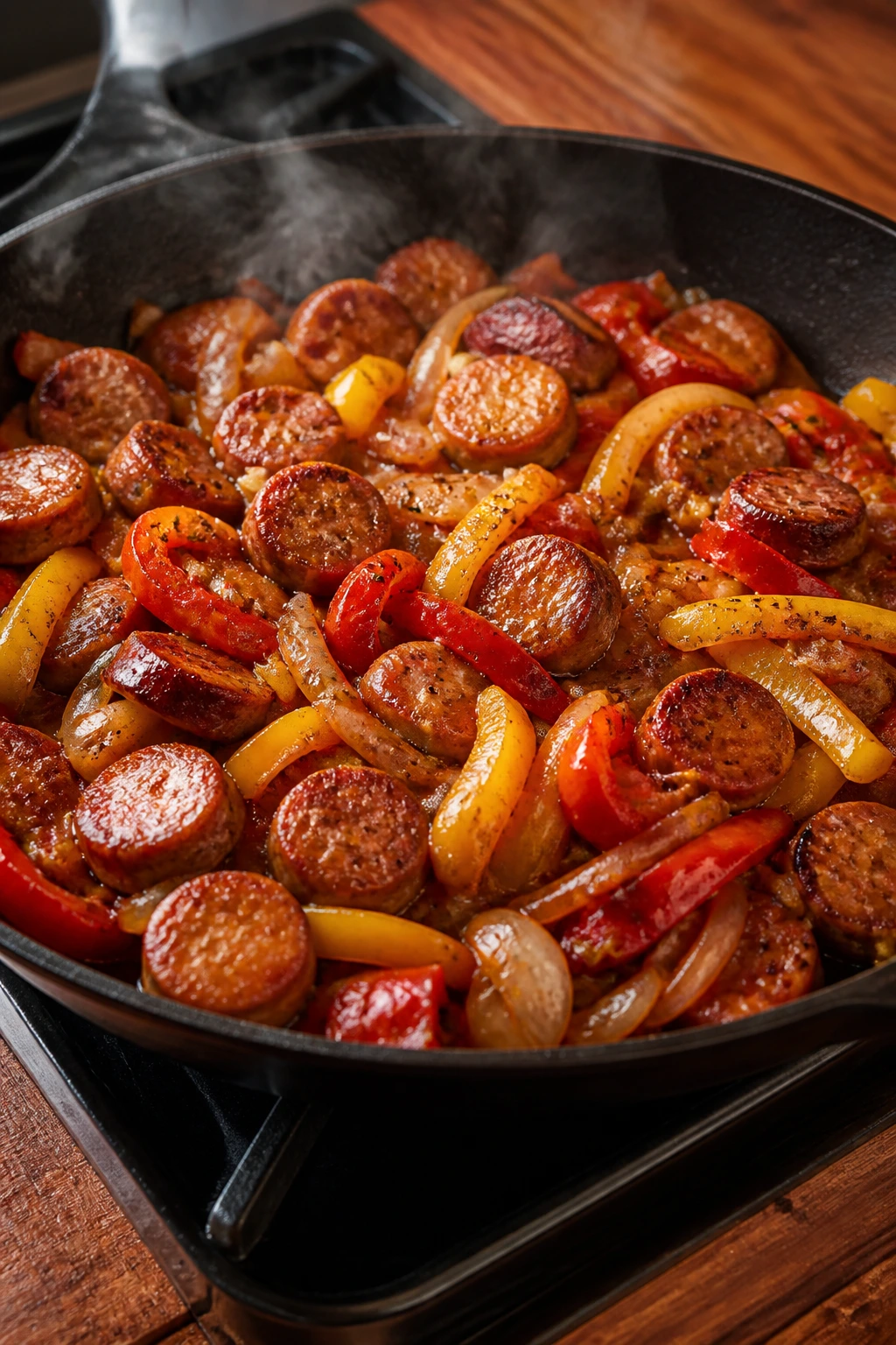 Sausage, peppers, and onion skillet in a pan
