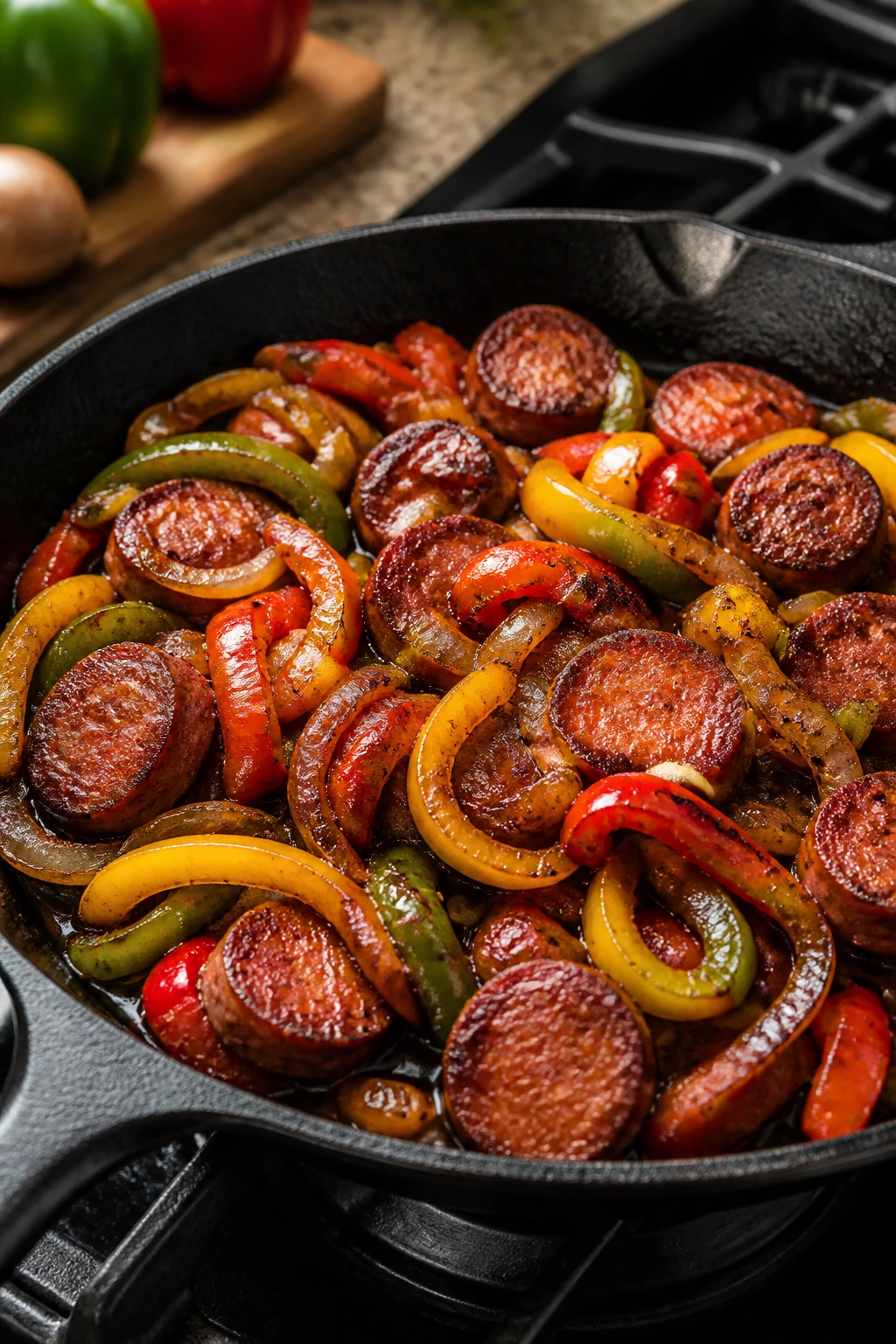 Sausage and peppers sizzling in a hot skillet with glossy juices