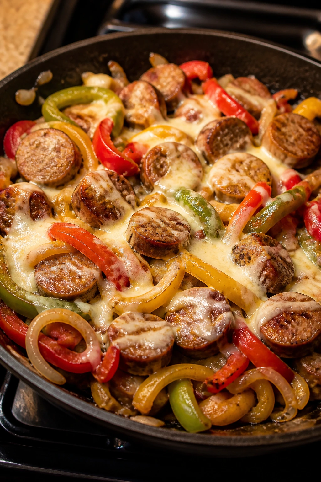 Skillet with sausage, peppers, onions and melted cheese