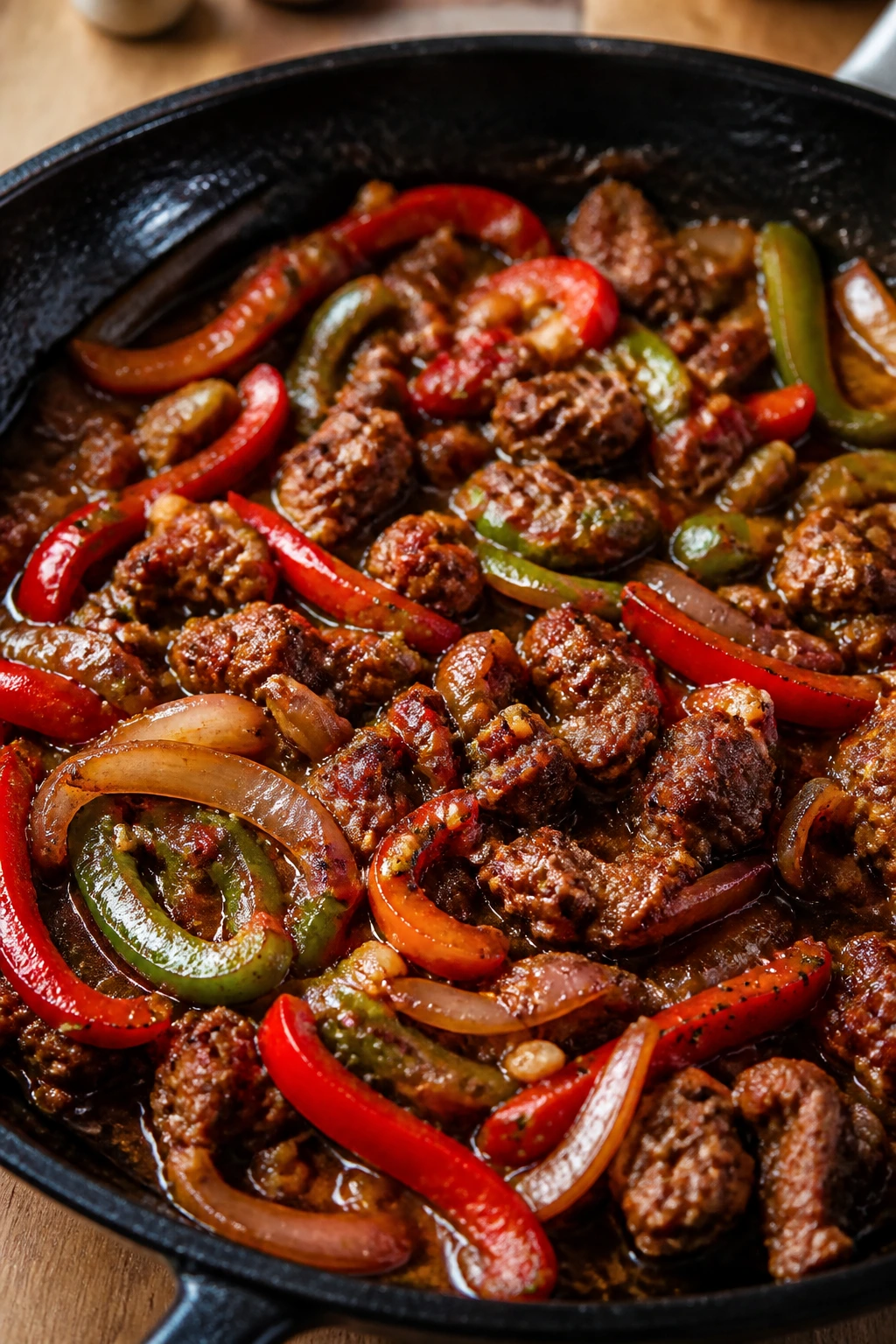 Close-up of sausage peppers skillet with garlic and red wine sauce