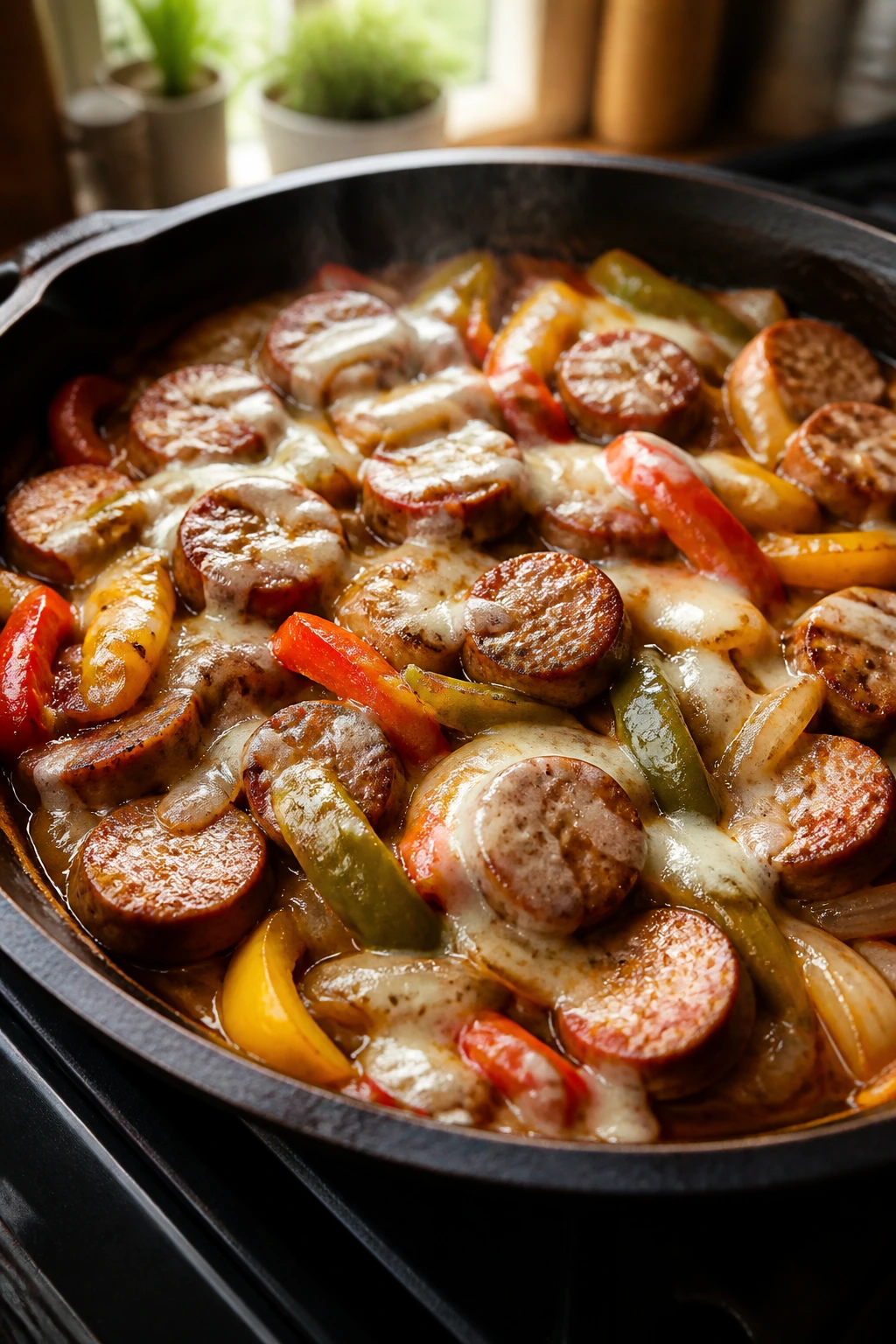 Close-up of a sausage and pepper skillet cooking on a stovetop.