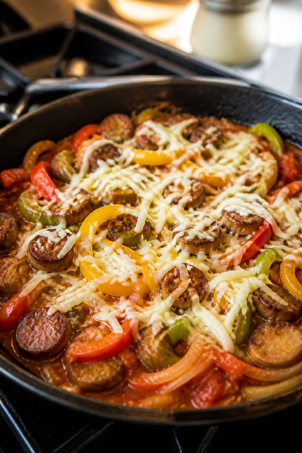 Skillet with sausage, peppers, onions and marinara