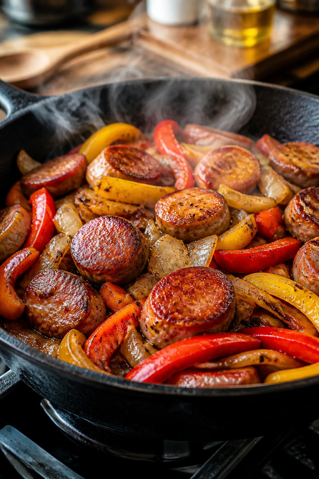 Close-up of a sizzling sausage and peppers skillet in a warm kitchen.