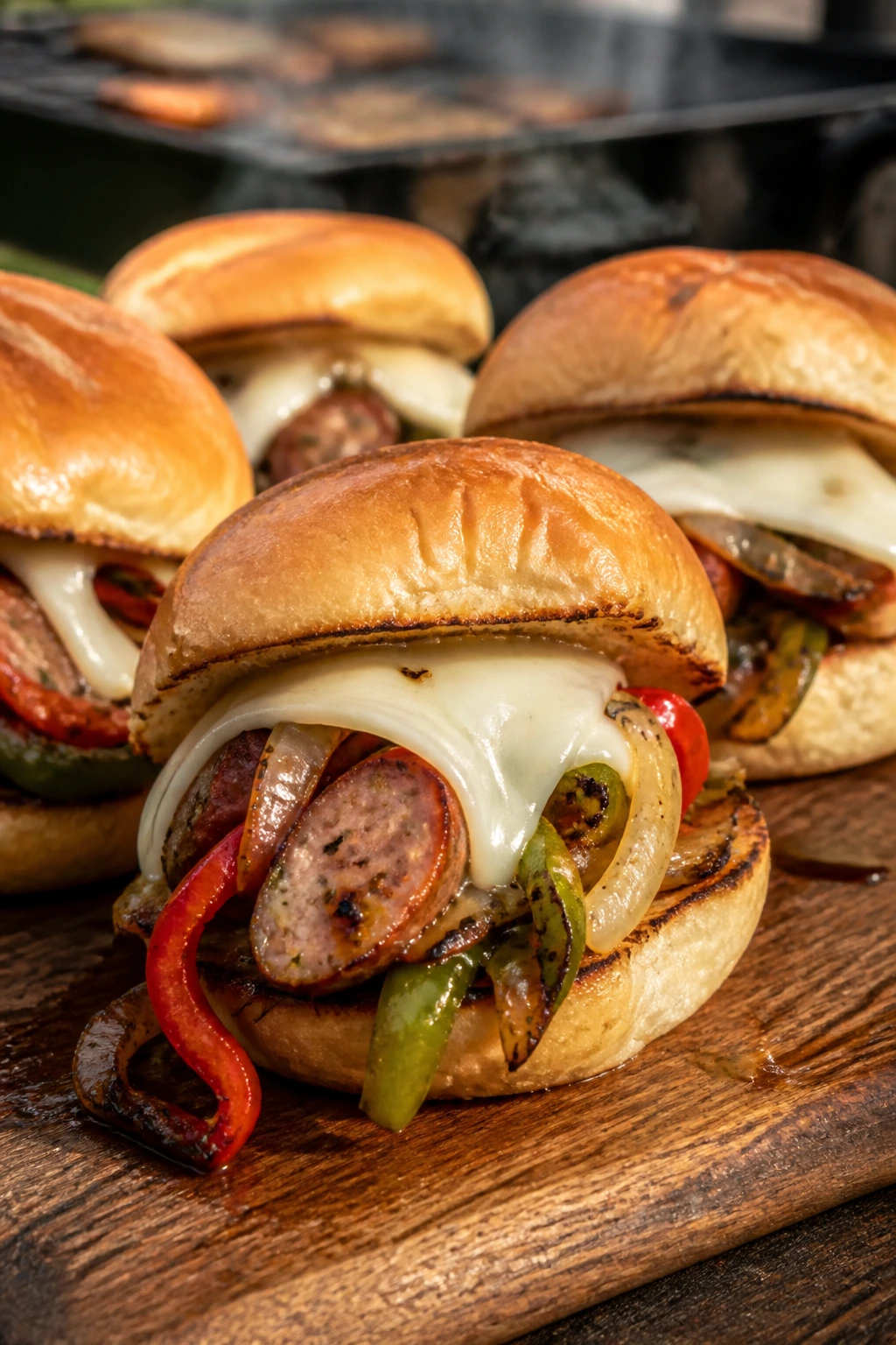 Sausage and peppers sliders with provolone on toasted buns, outdoor grill vibe