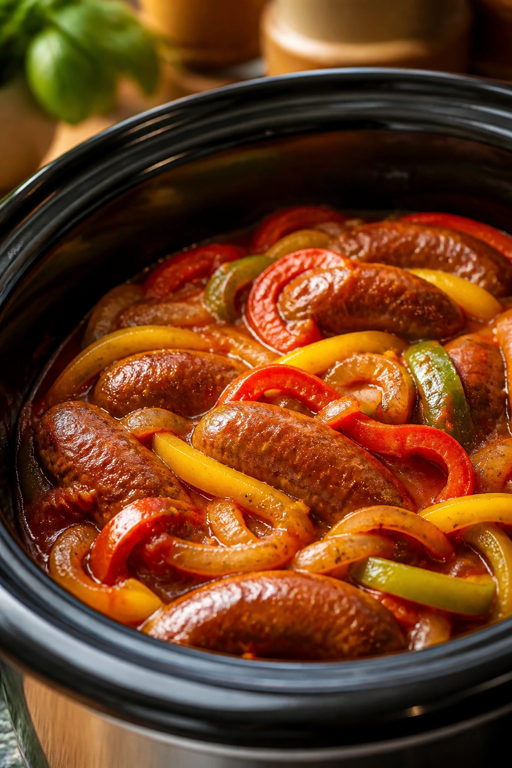 Close-up of sausage and peppers in a slow cooker insert