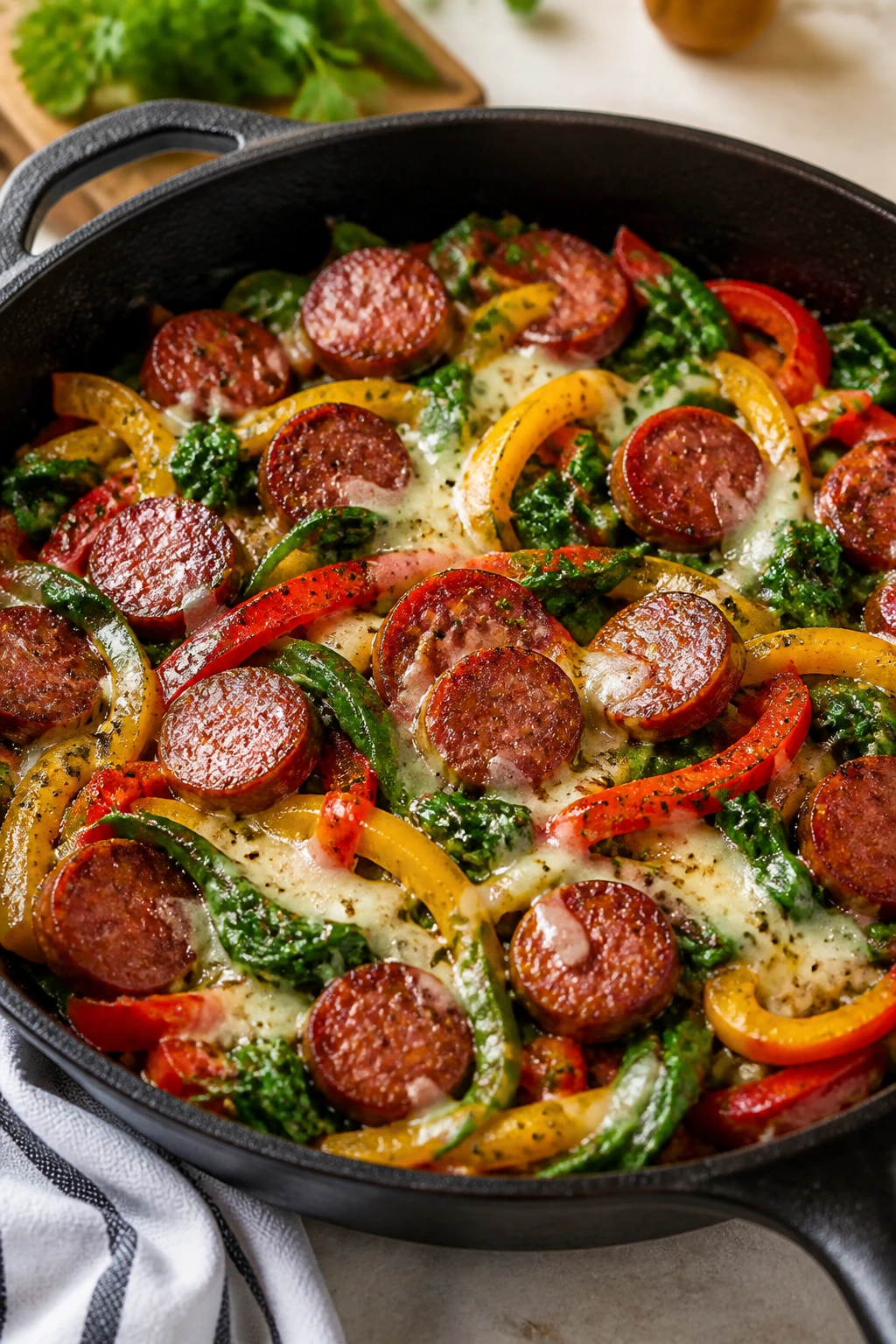 Colorful skillet with sausage, peppers, and greens in a bright kitchen