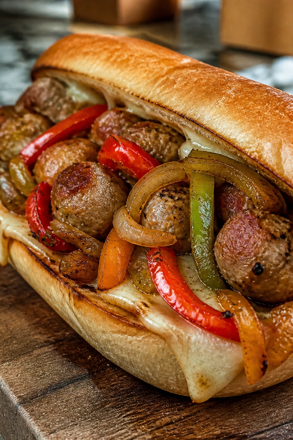 Close-up of a sausage and pepper sub on a toasted roll