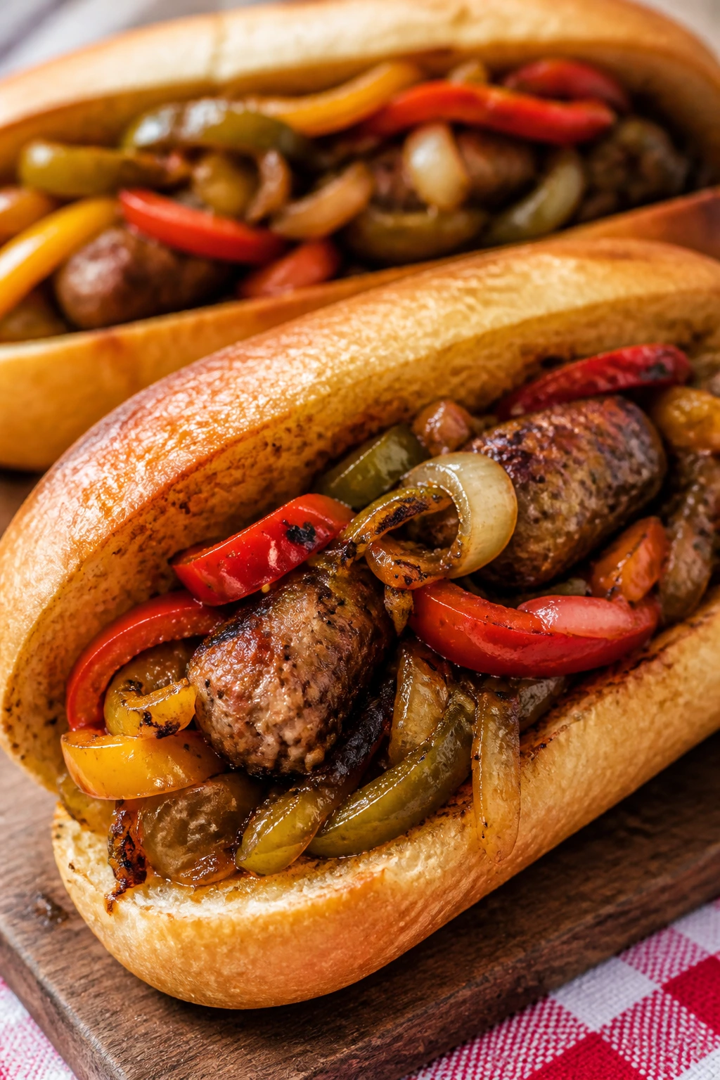 Close-up of sausage and pepper sub with peppers and onions