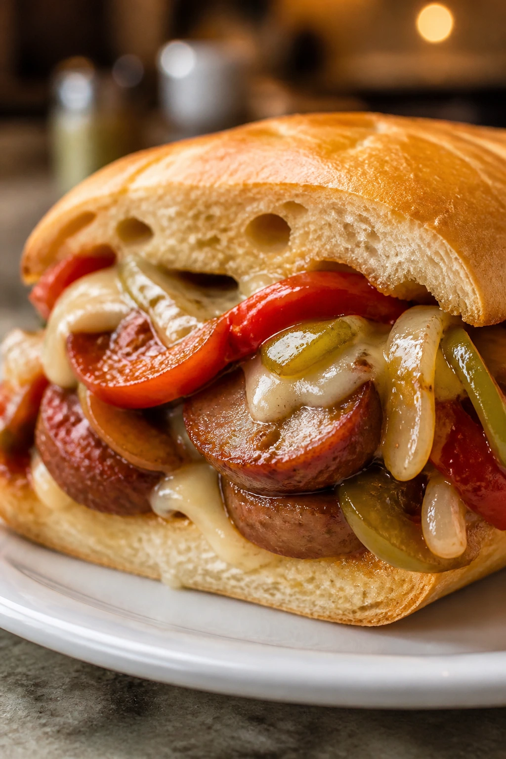 Close-up of a loaded sausage and peppers sub on a plate