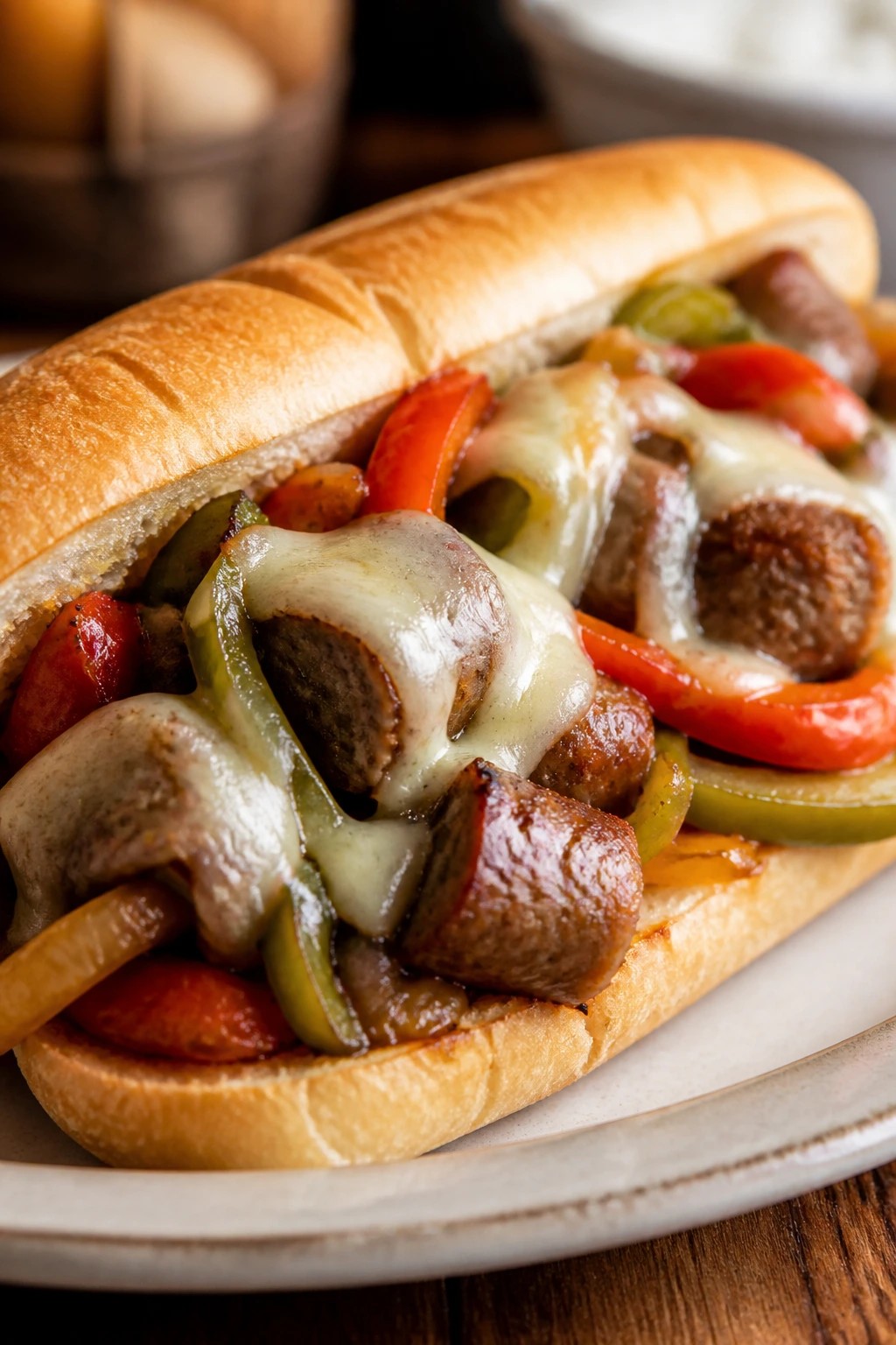 Close-up of a sausage and peppers sub sandwich with sausage, peppers, and mozzarella.