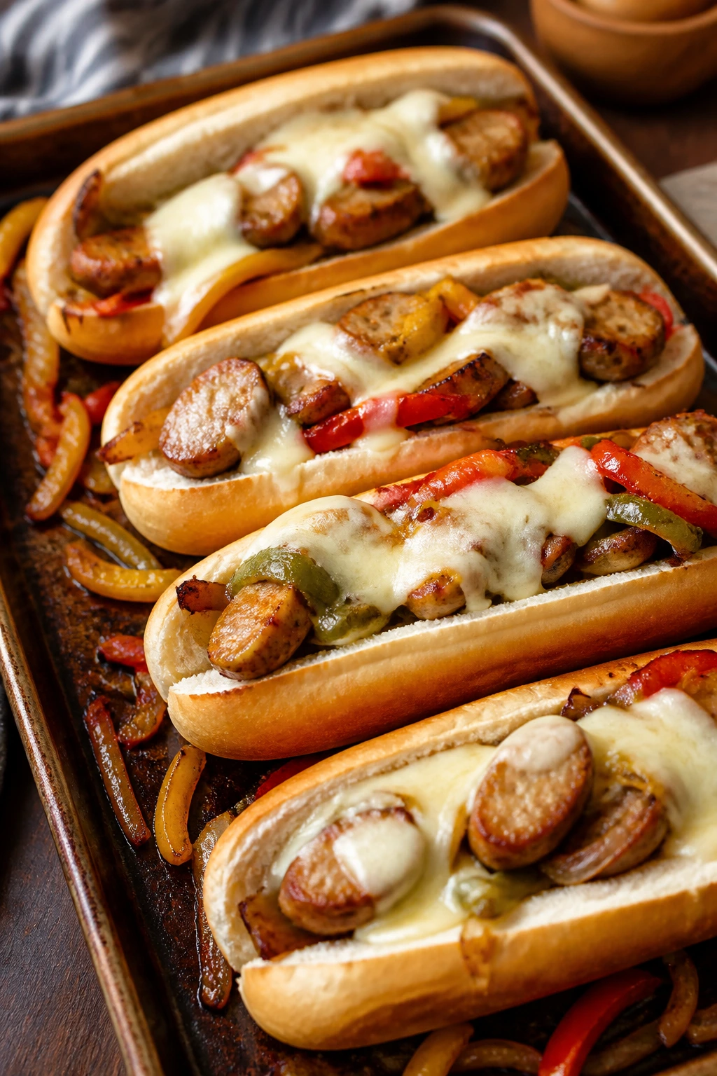Close-up of roasted sausage and peppers subs on a sheet pan