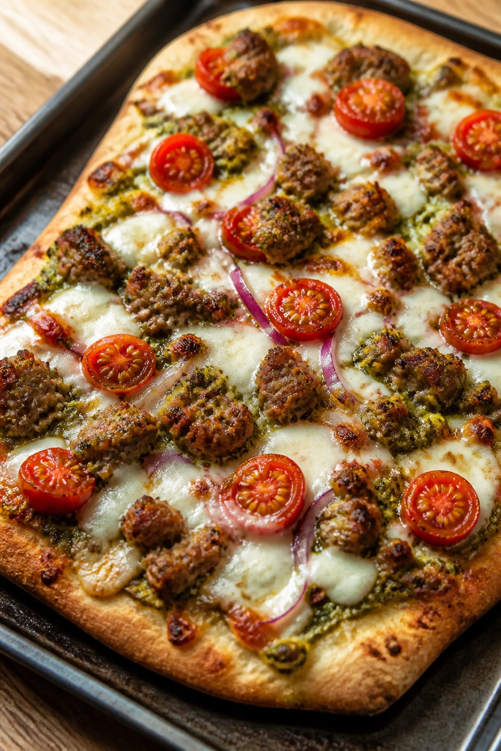 Close-up of Sausage Pesto Flatbread with cheese and tomatoes