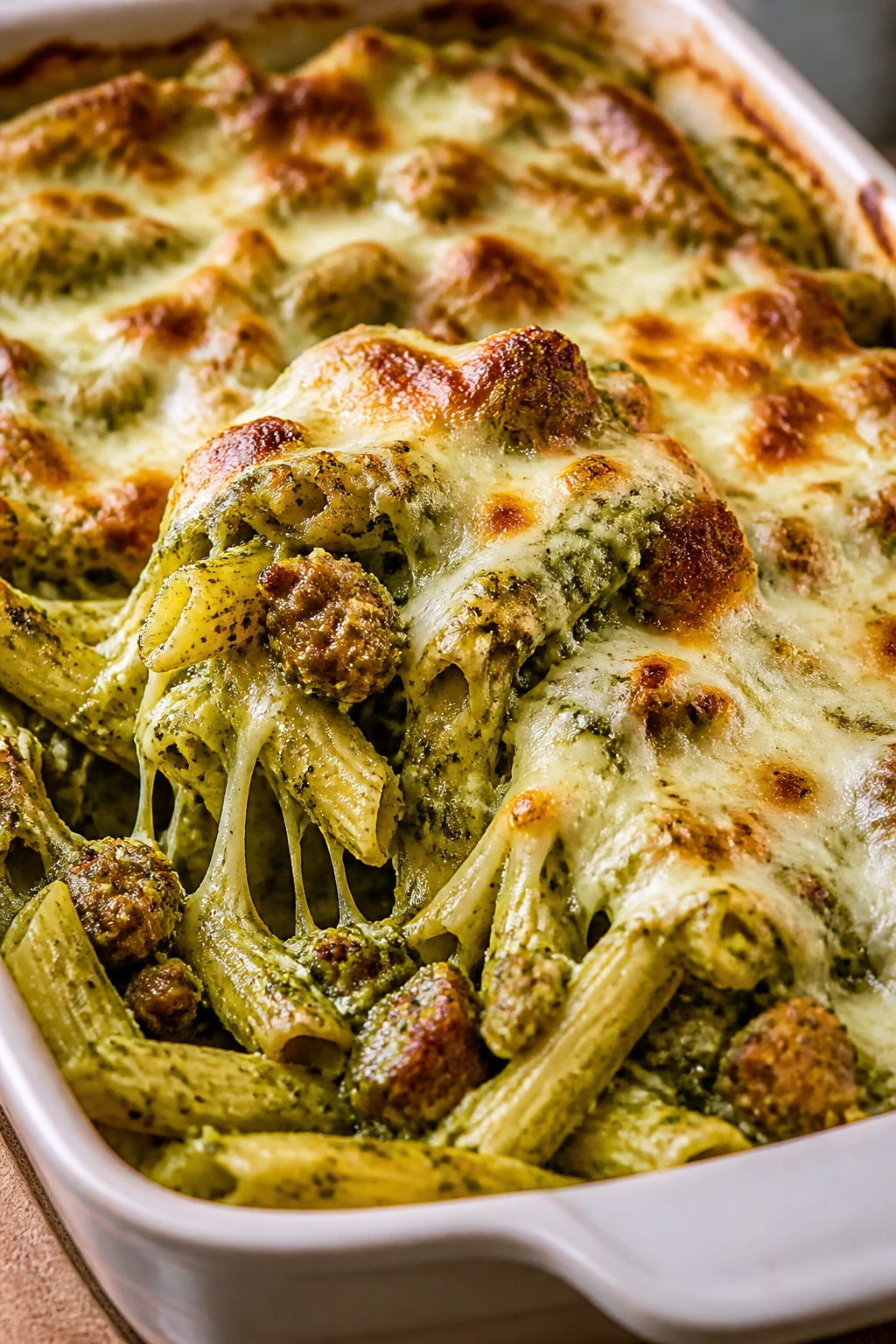 Close-up of sausage pesto pasta bake with mozzarella browning on top.