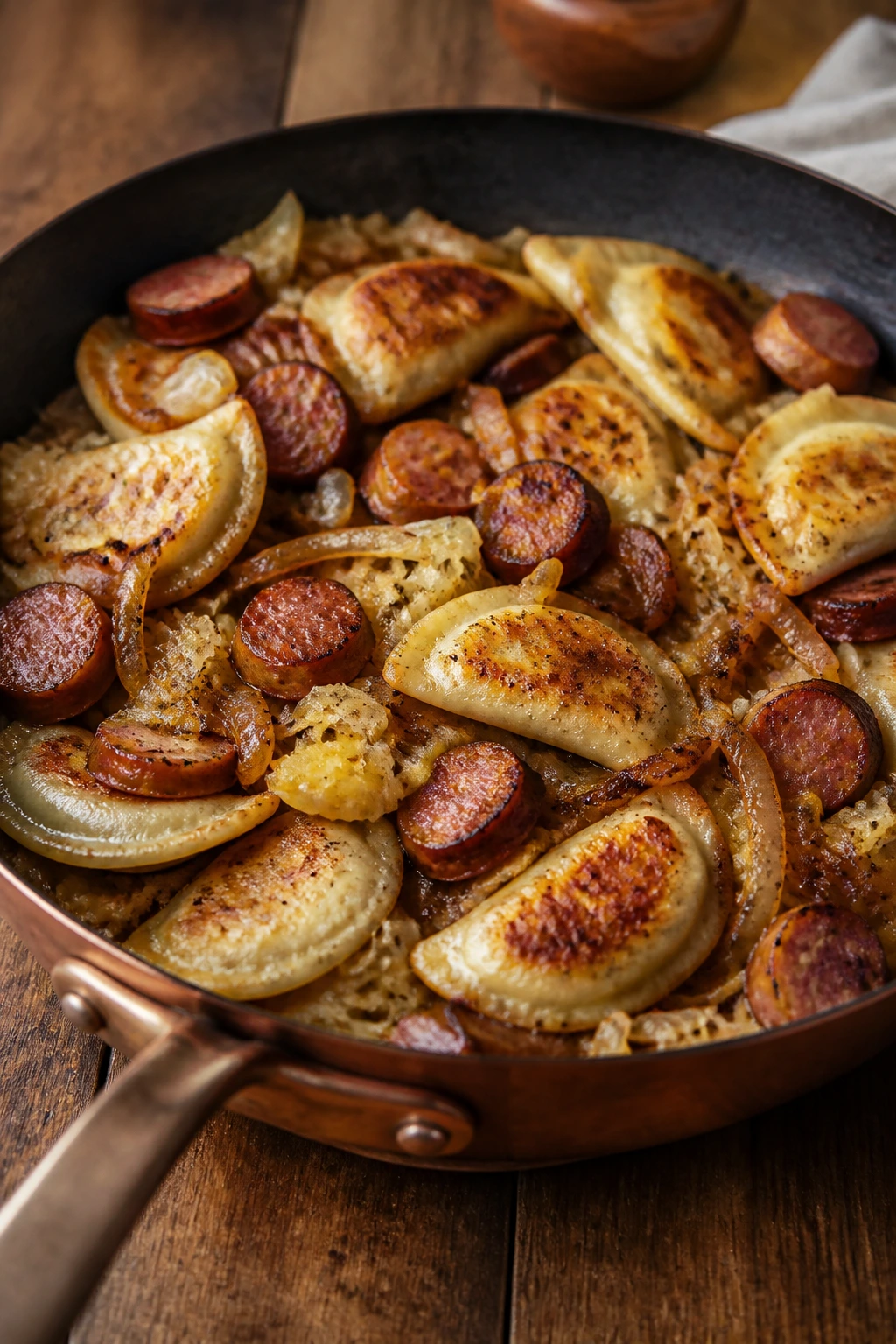 Skillet of browned kielbasa, pierogi, and onions in a savory sauce