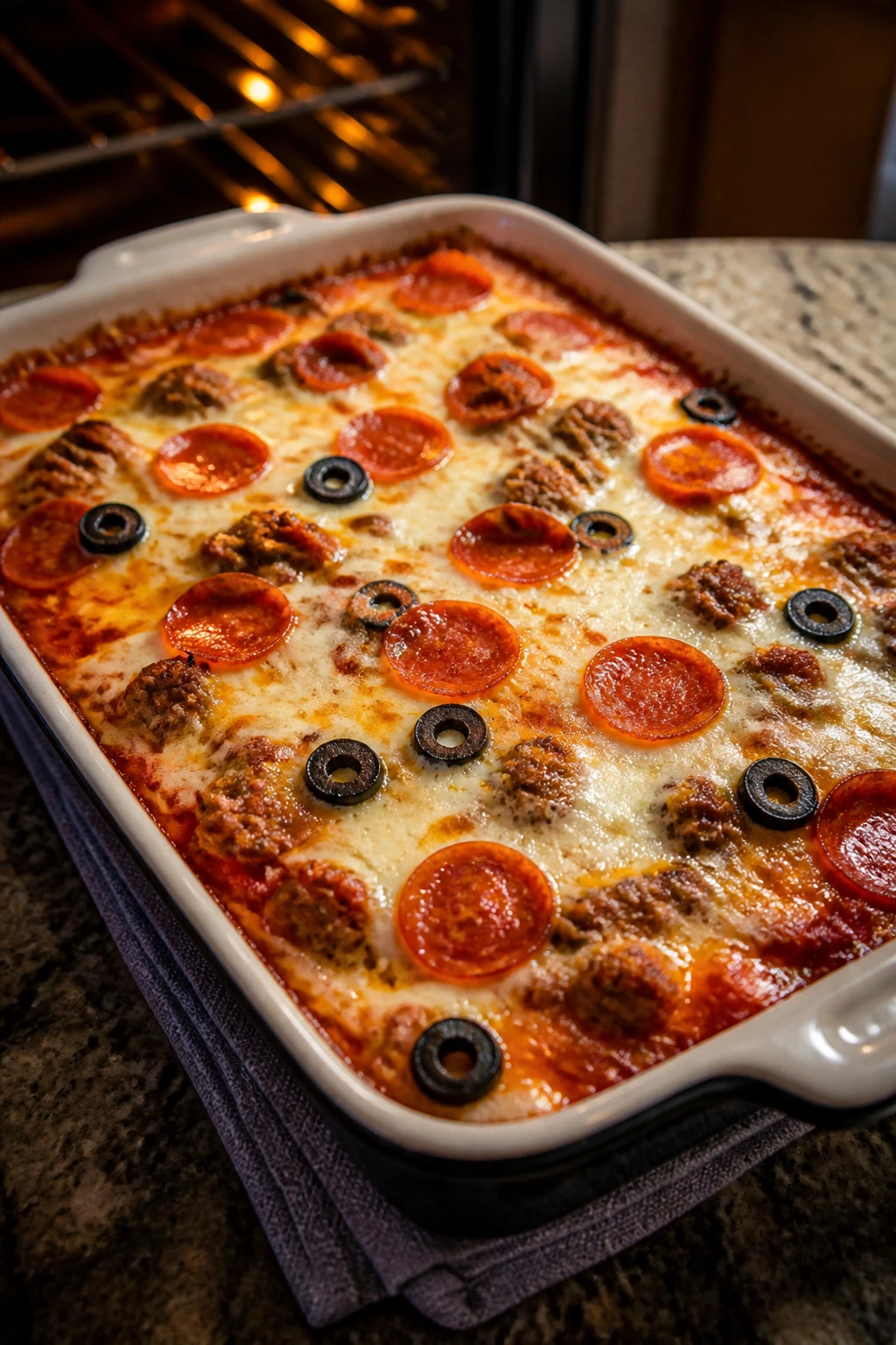 Pizza-style sausage bake with pepperoni and olives in a cheesy bake