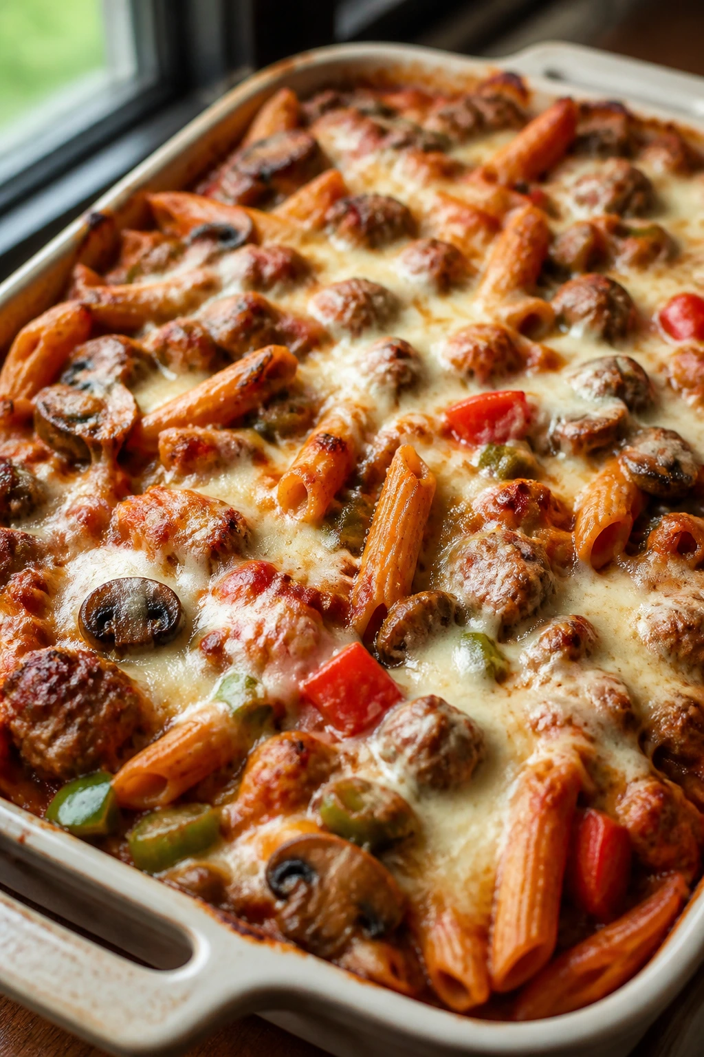 Sausage pizza casserole with penne and melted mozzarella in a baking dish