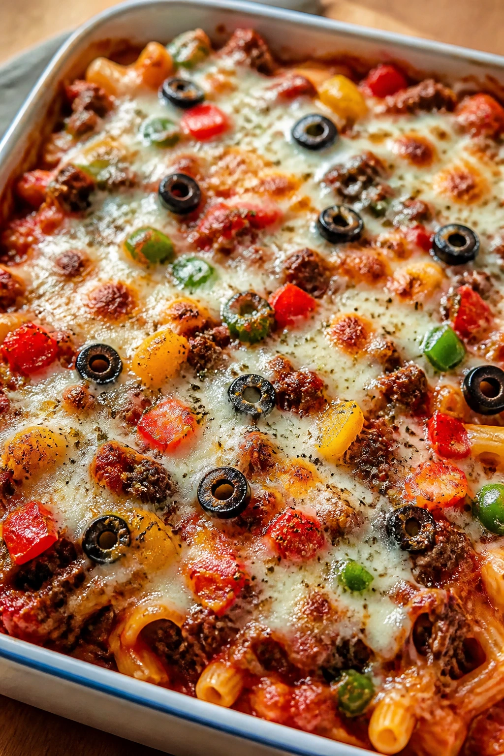 Baked sausage pizza casserole with melted mozzarella.