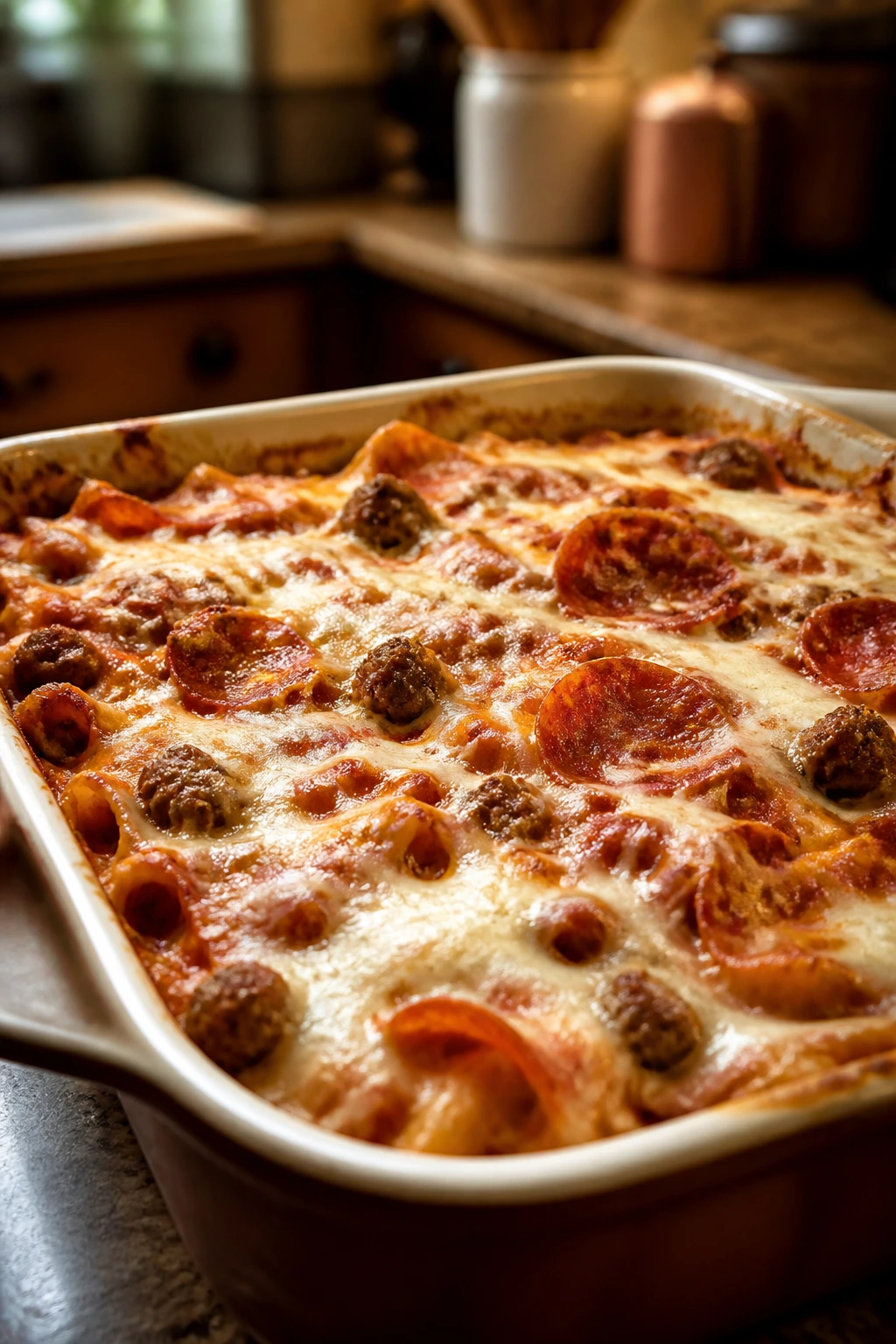 Close-up of bubbling sausage pizza casserole in a baking dish