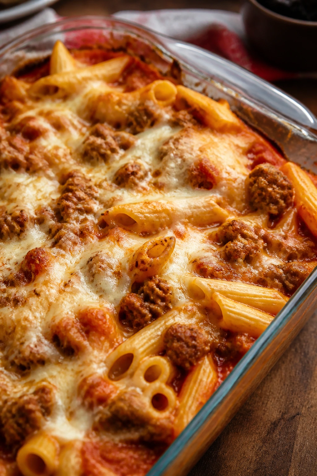 Sausage pizza casserole with melted mozzarella in baking dish