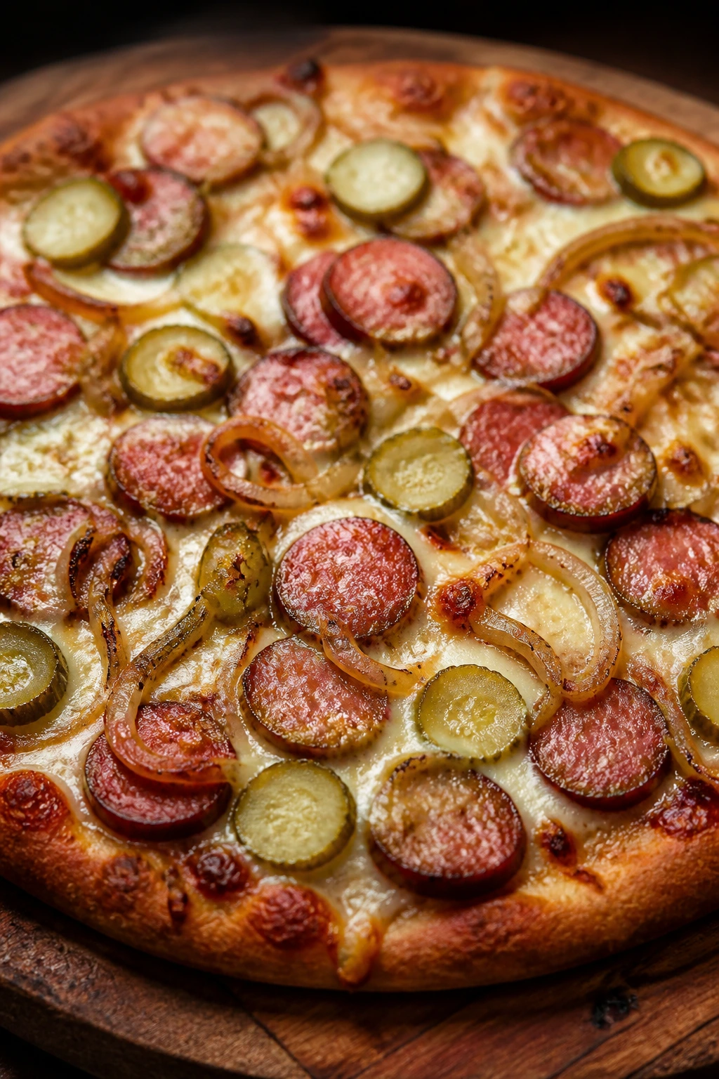 Pizza with smoked sausage, onion, and pickle on wooden board